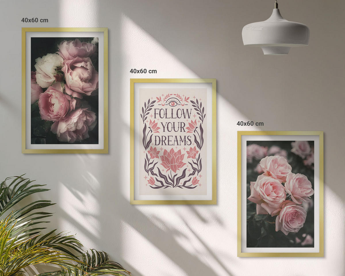 WANDBILDER 3er Set - 40x60 cm Goldrahmen - Vintage-Rosenträume-Inschrift - Goldfarben, Kunststoff (40/60cm) - ArtPrintCave