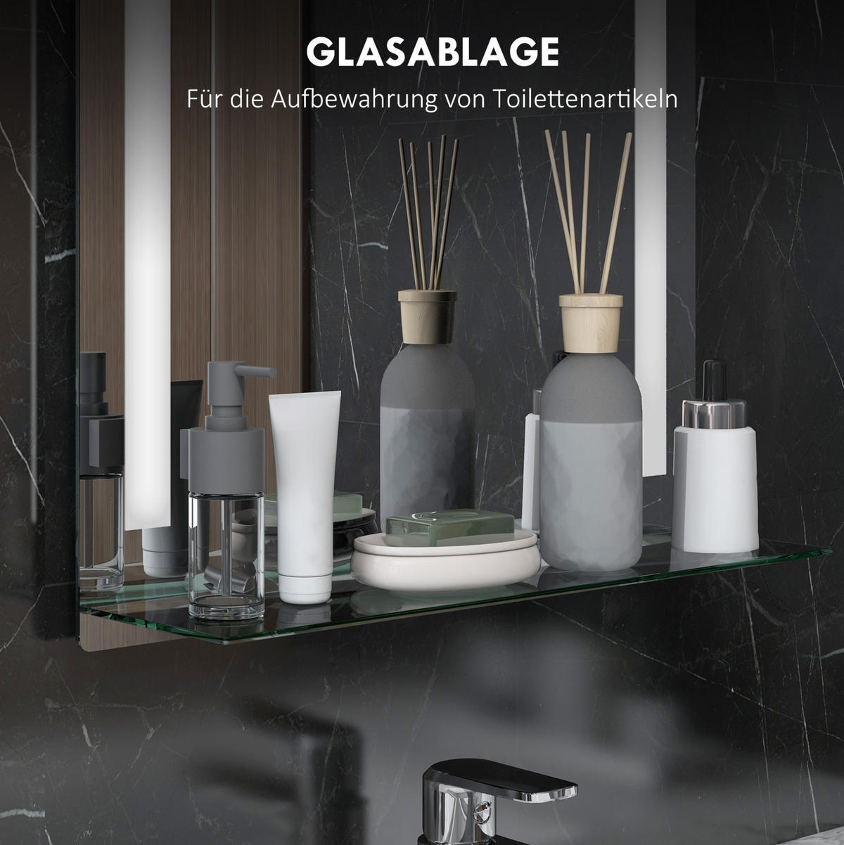 WANDSPIEGEL 50/12/70 cm silber aus Tempered Glass mit LED - Silberfarben, Glas (12/70/50cm) - OKWISH