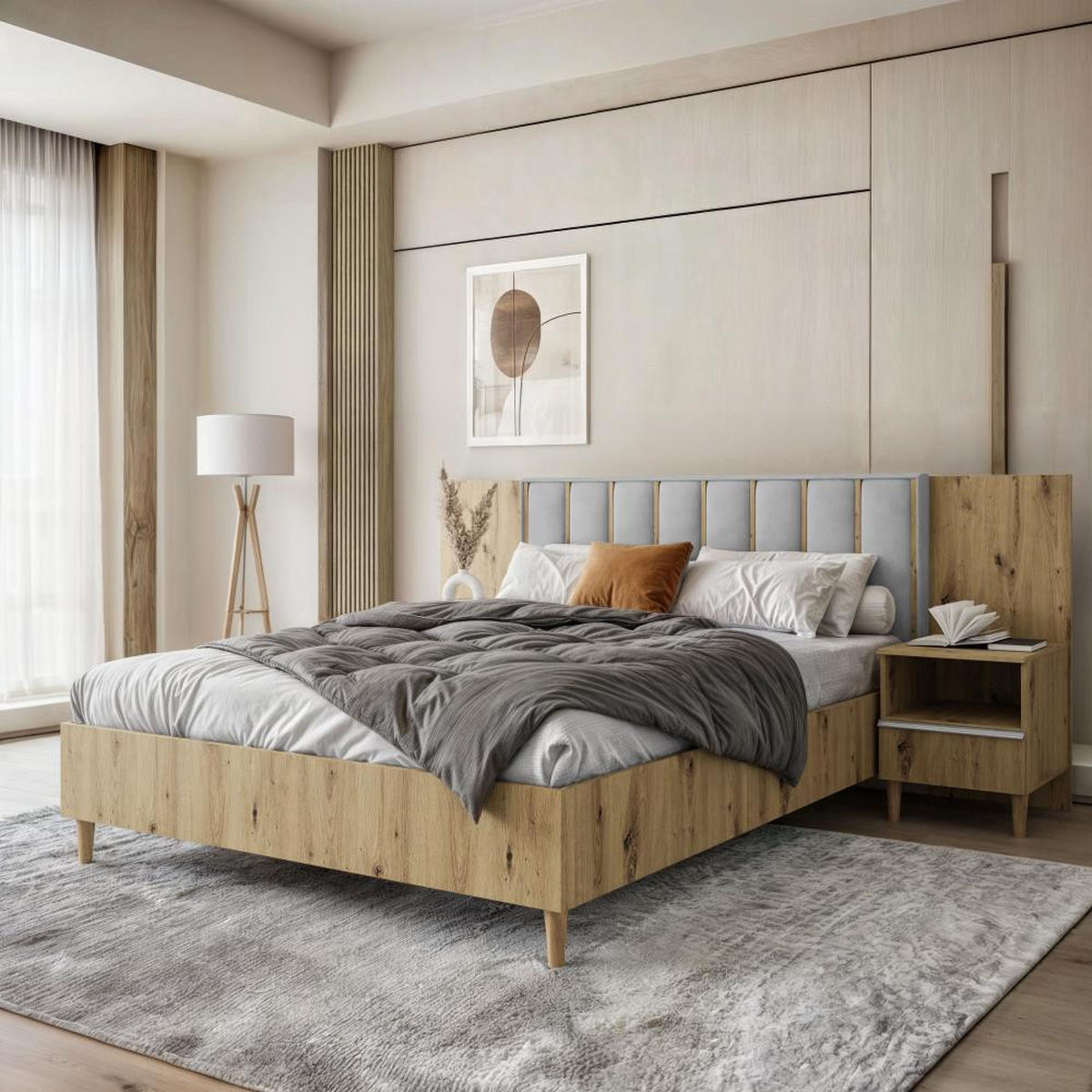 POLSTERBETT Stella 166/211/108 mit 1 Nachttisch grau - Eiche Artisan/Grau, Holzwerkstoff/Textil (160/200cm) - Beautysofa