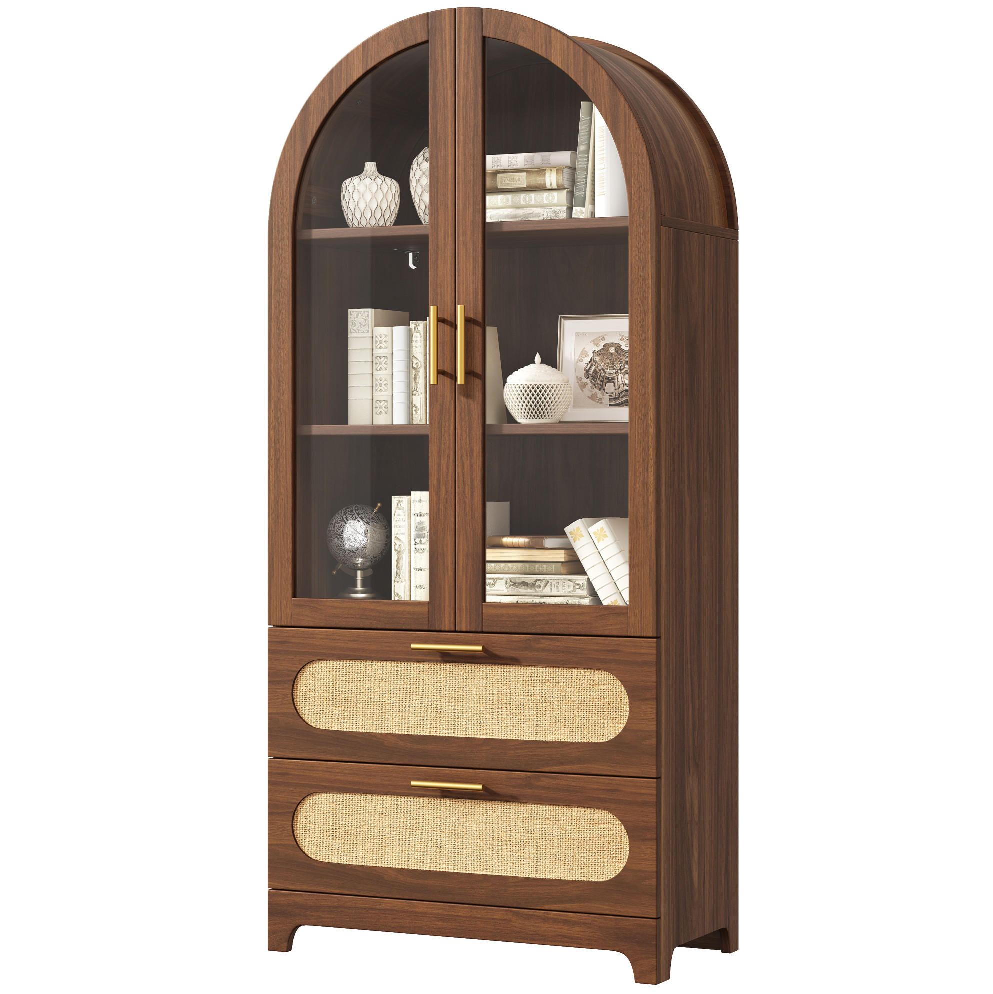 VITRINE mit Glastüren 80 x 40 x 175 cm Holzoptik 2 Schubladen - Braun, Holzwerkstoff (40/175/80cm) - Meubliv