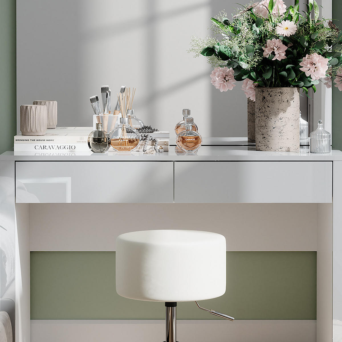 SCHMINKTISCH Annabelle Weiß Hochglanz/Weiß 110 cm mit Spiegel und Hocker - Weiß Hochglanz/Weiß, Holzwerkstoff (110/75.5/50cm) - Vicco