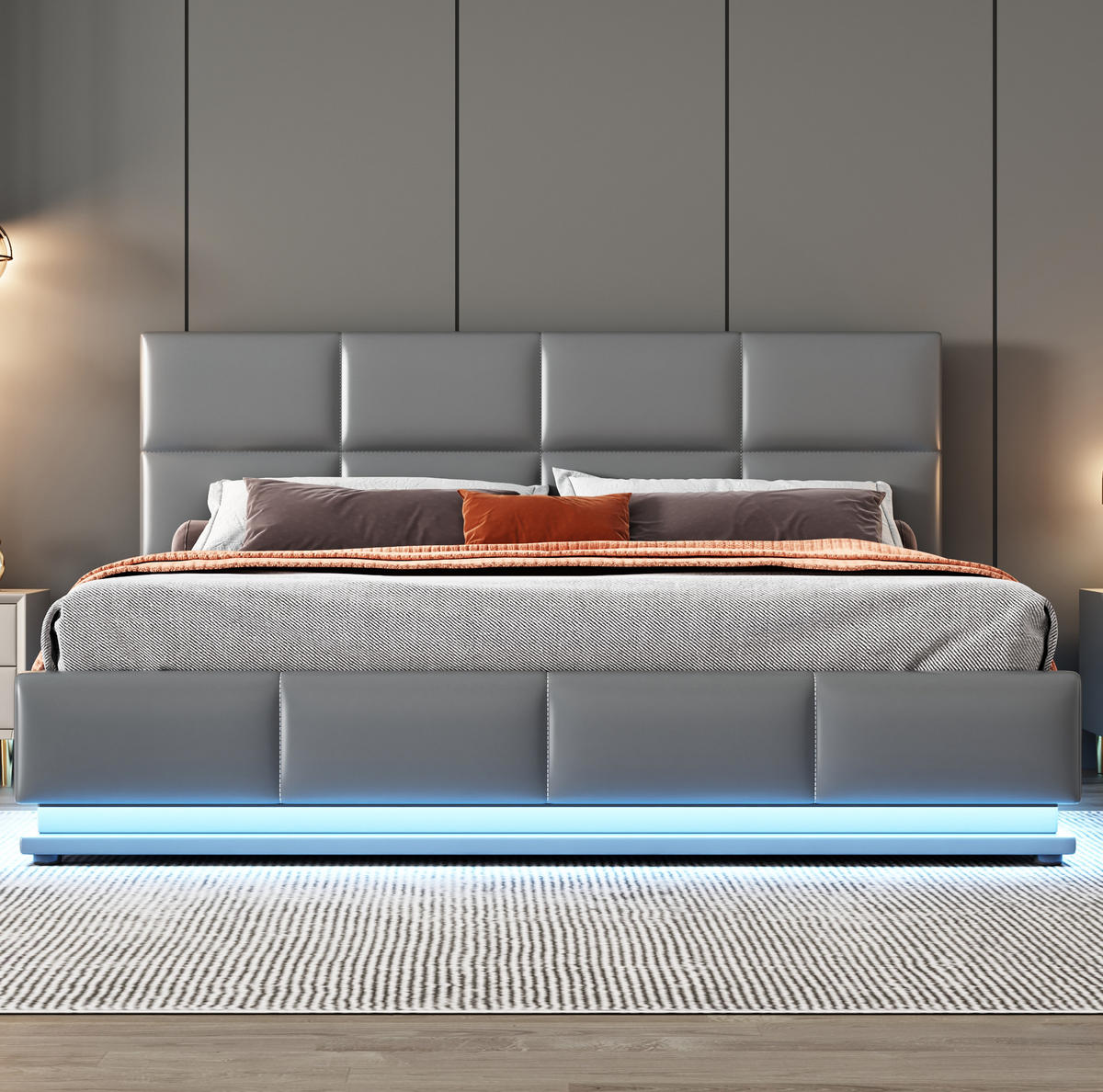 ČALÚNENÁ posteľ z umelej kože 160x200 cm sivá s LED osvetlením, hydraulickým úložným priestorom a nastaviteľným čelom - sivá, textil (160/200cm) - Modfu