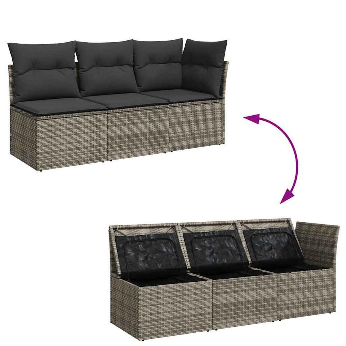 LOUNGESOFA mit Dunkelgrau Kissen, 3-Sitzer, 172/62/69 cm, aus Poly Rattan, Grau - Grau, Kunststoff (62/69/172cm) - vidaXL