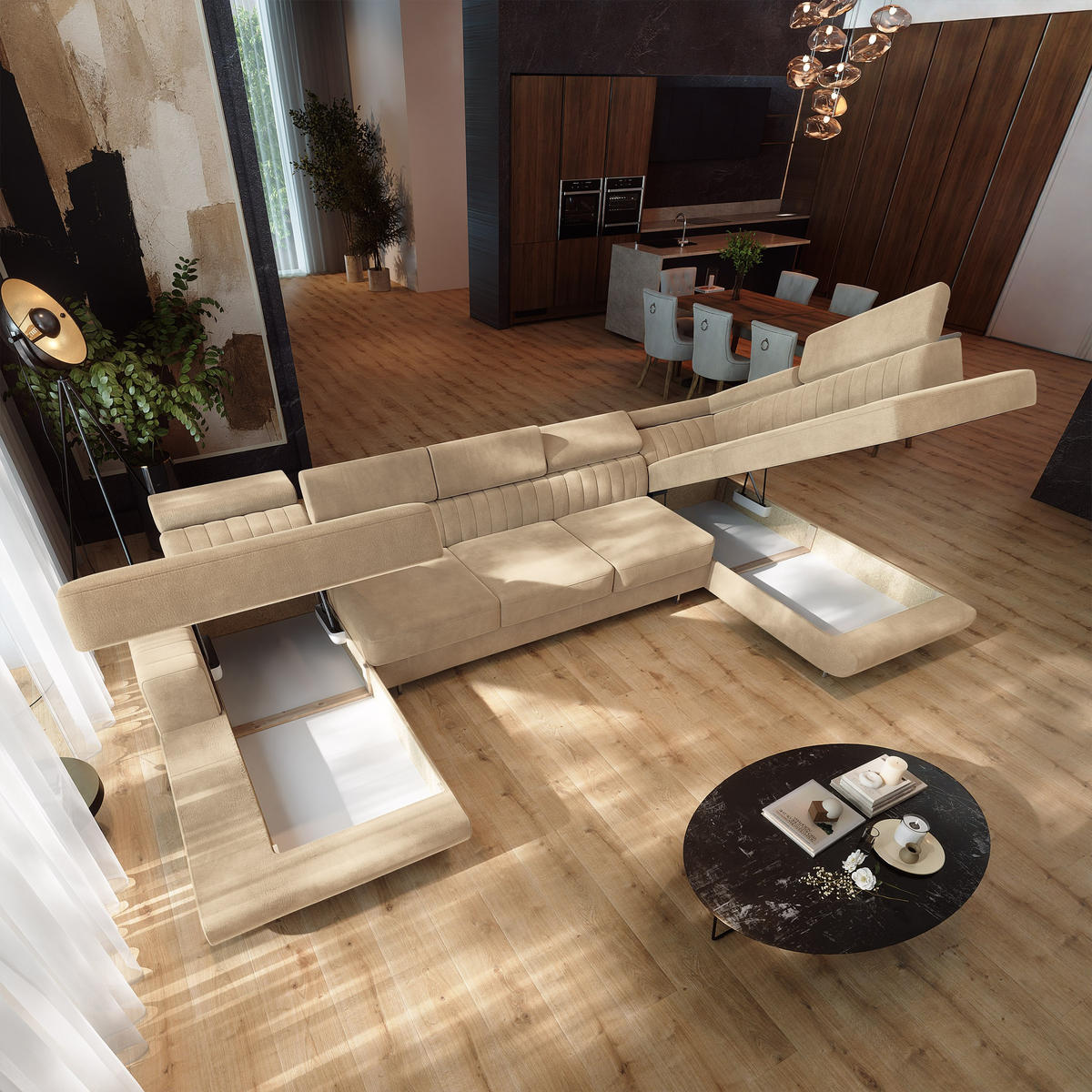 WOHNLANDSCHAFT GAIAN Creme Velours-Stoff mit Schlaffunktion - Creme, Holz (412/88/190cm) - MASSENO