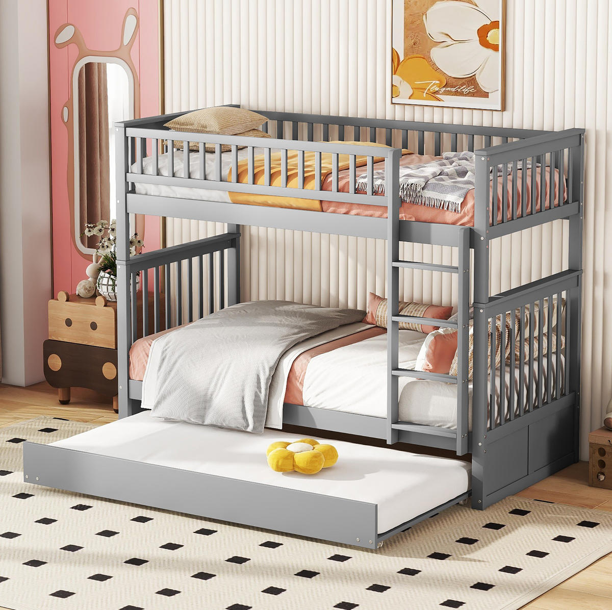 ETAGENBETT 90/200 cm mit Ausziehbett, abnehmbaren Liegeflächen und Treppe, Grau - Grau, Holzwerkstoff (90/200cm) - Redom
