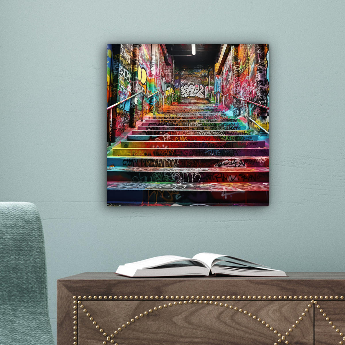 LEINWANDBILD Treppe - Graffiti - Farben - Kunst Deko Wohnzimmer 20x20 cm - Multicolor, Textil (20/20cm) - MuchoWow