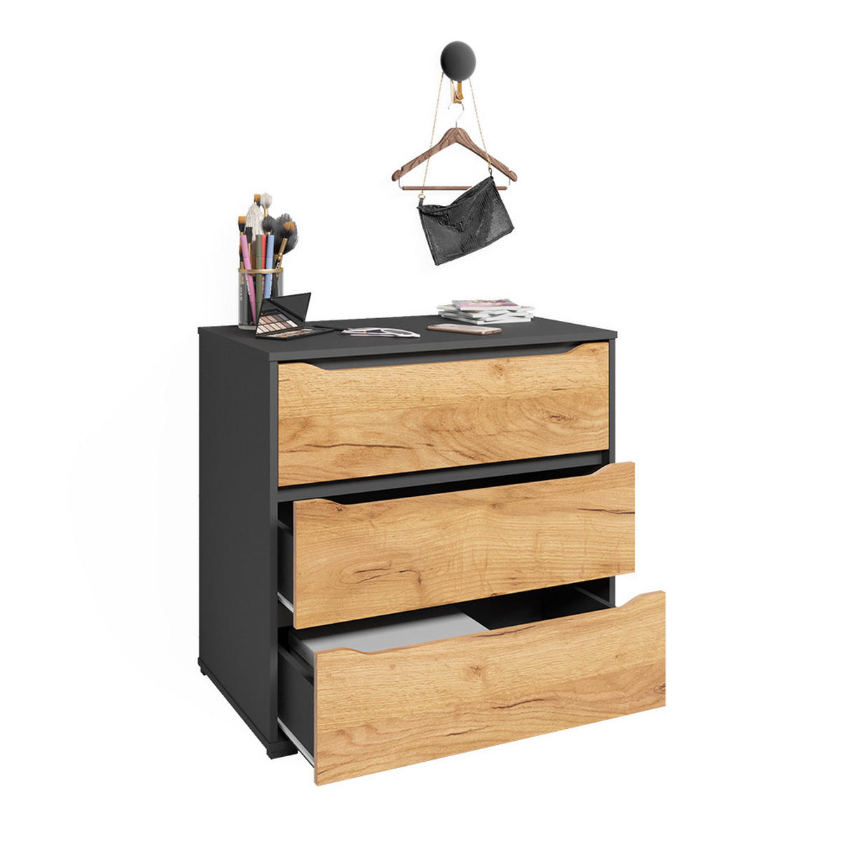 KOMMODE Ruben Goldkraft Eiche 80 x 77.6 cm mit Schubladen - Anthrazit/Eiche Wotan, Holzwerkstoff (48/77.6/80cm) - Vicco