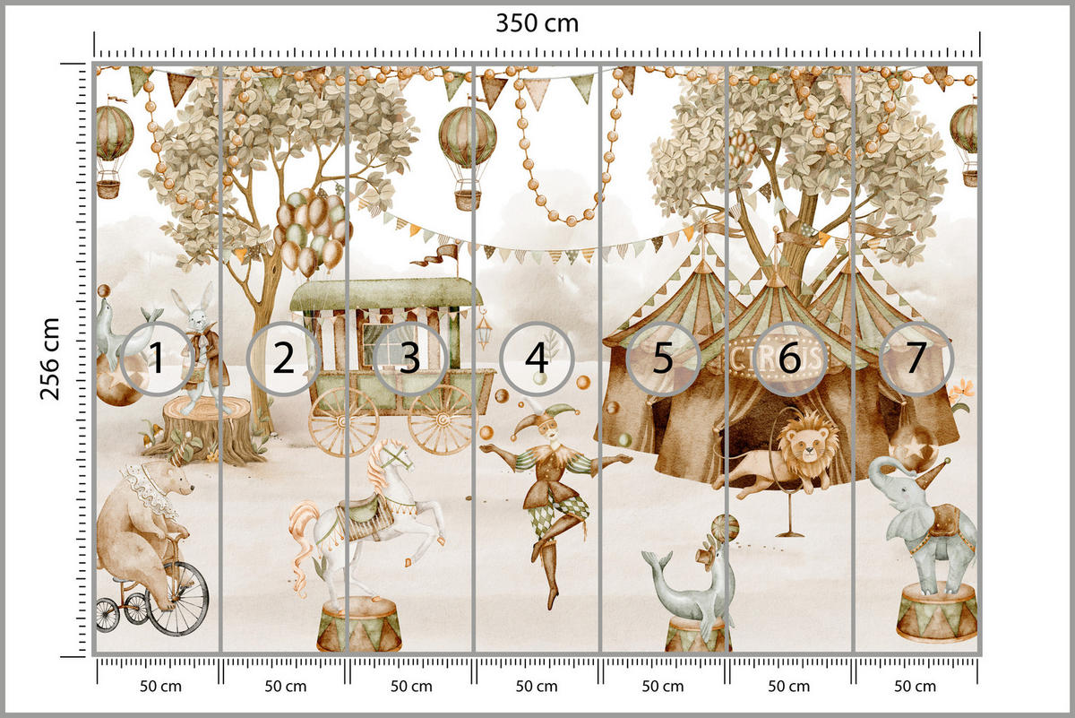 FOTOTAPETE für Kinderzimmer Zirkus Zelt Tiere Ballons Aquarell Bäume 350x256 - Ecru/Beige, Papier (350/256cm) - Muralo