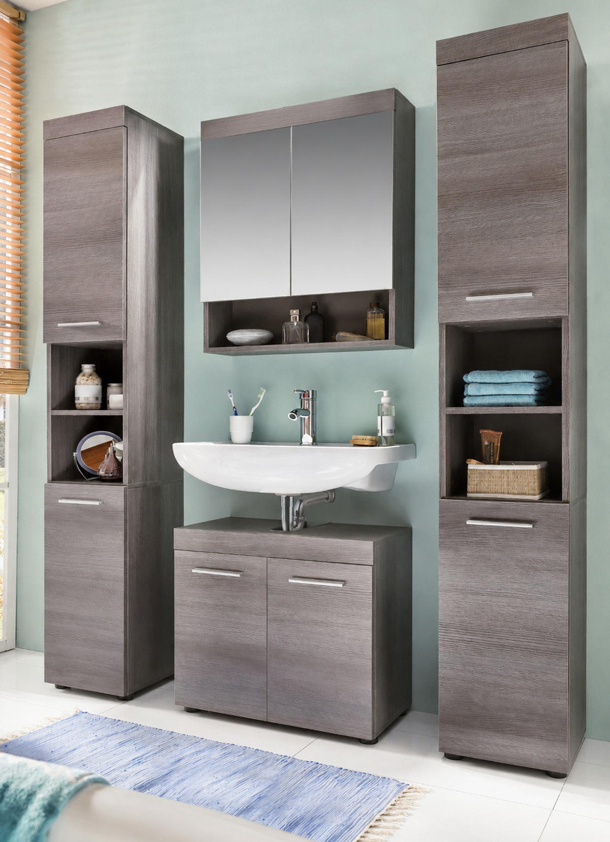 HOCHSCHRANK grau Rauchsilber 30 x 190 cm, Badschrank Türanschlag wechselbar - Silberfarben/Schwarz, Holzwerkstoff/Kunststoff (30/190/31cm) - Top.Furn