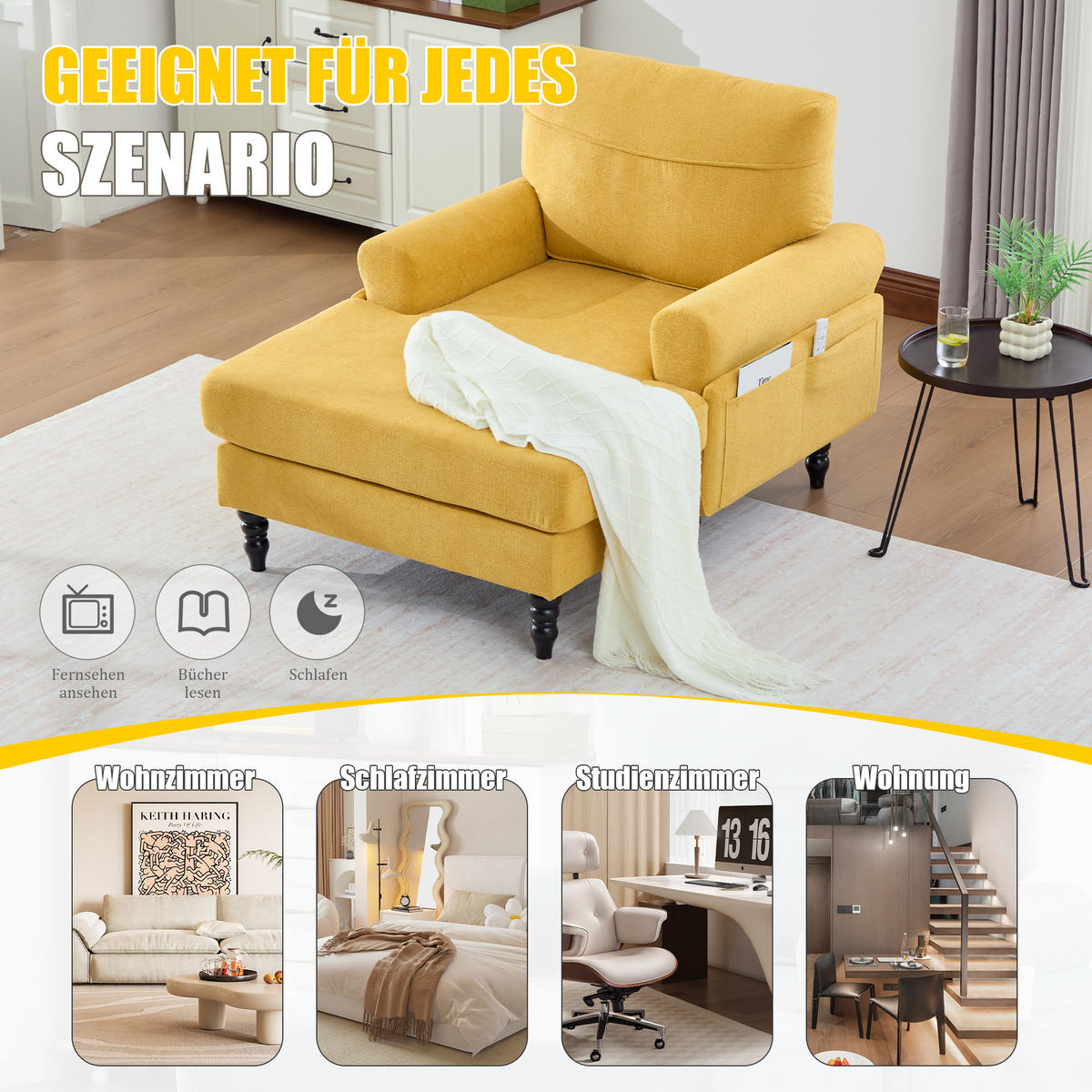 SOFA Chenille Senfgelb mit Stauraum - Gelb, Holz/Holzwerkstoff (97/86/125.5cm) - WISHDOR