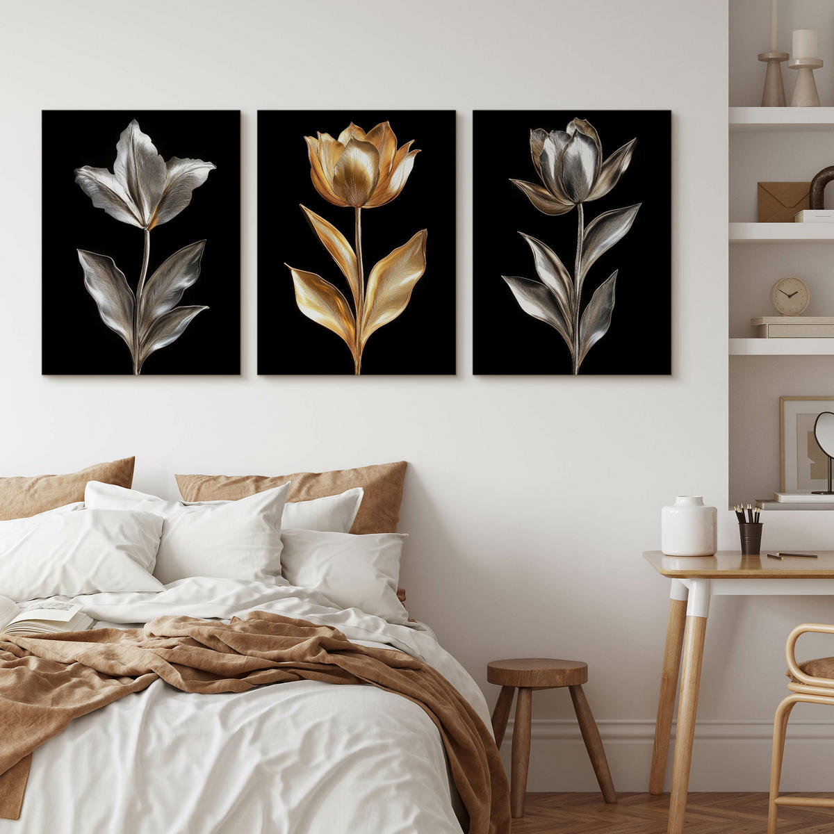 LEINWANDBILDER 3-es Set Abstrakt Blumen - Beige/Schwarz, Textil (90/40cm) - Muralo