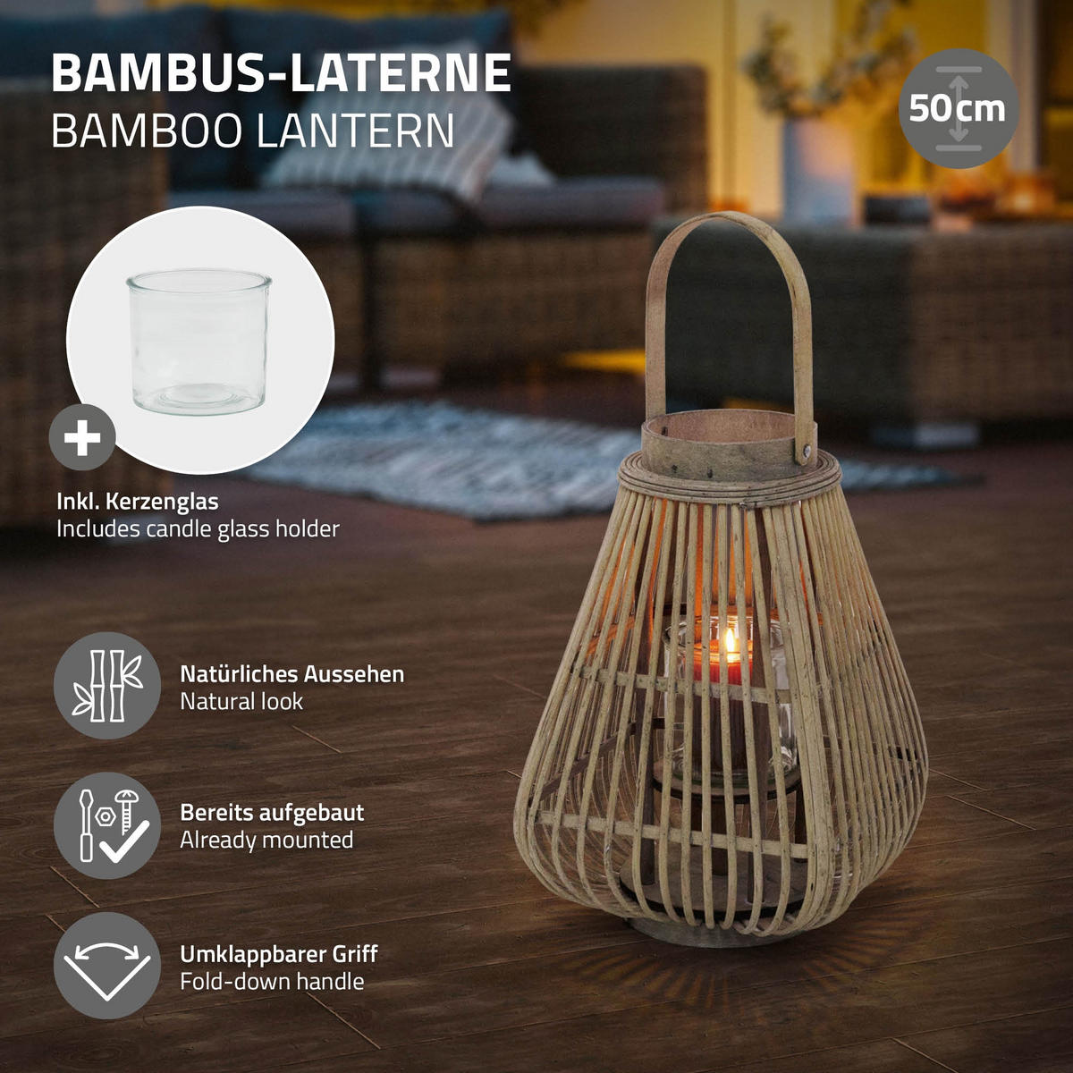 BAMBUSOVÁ LAMPION V: 50 cm, dřevěná barva, styl boho - přírodní, dřevo (24/50/24cm) - ECD-Germany
