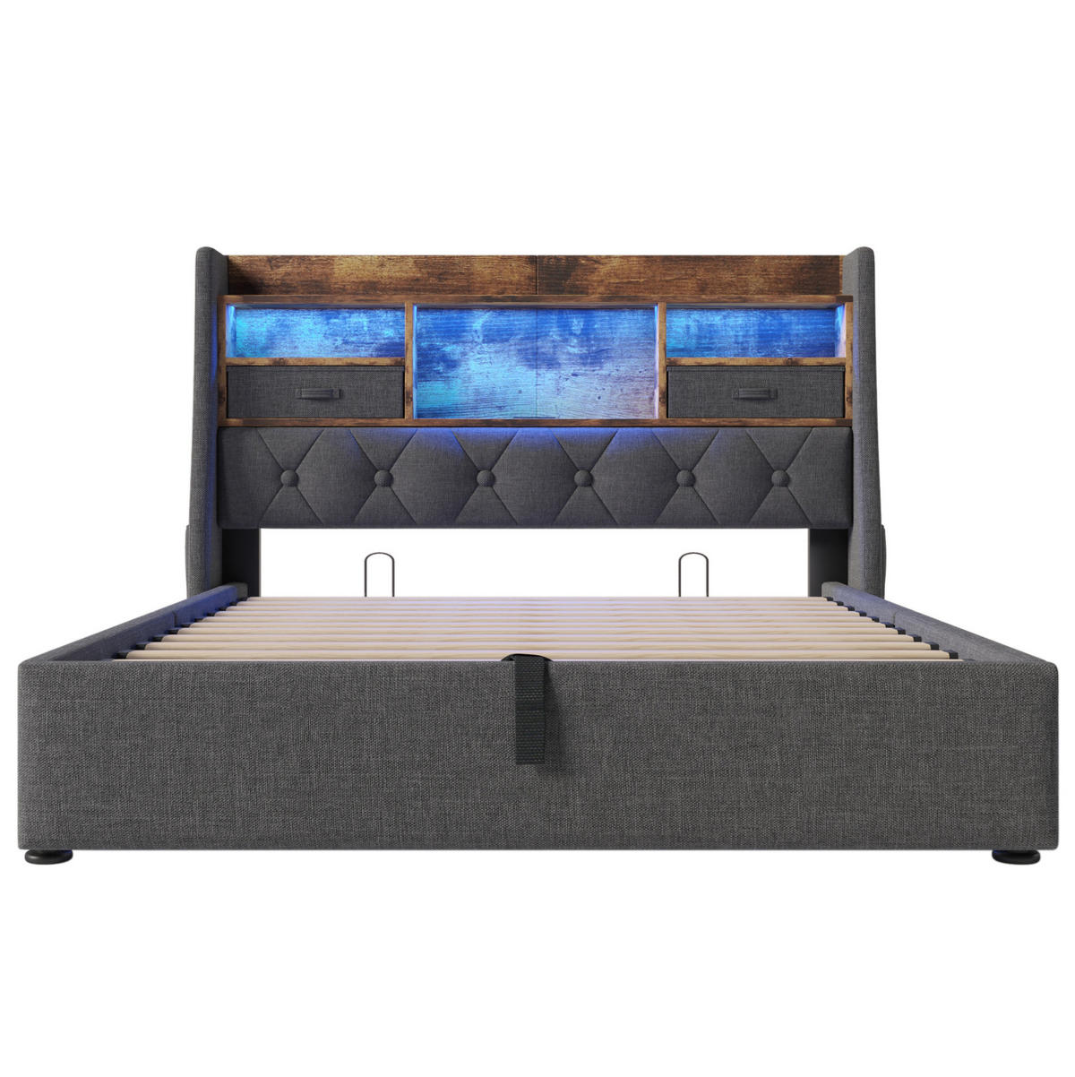 POLSTERBETT aus Leinen 140x200 cm in Grau mit LED & Ladestation - Grau, Textil (140/200cm) - Modfu