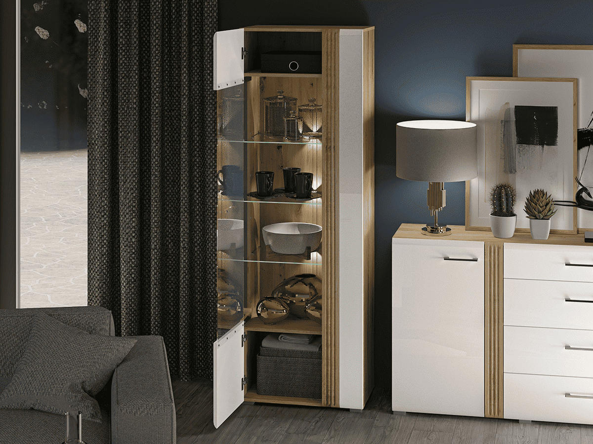 VITRINE – 65 cm – Adagio – Weiß / Eichefarben – Anschlag links – VT-GEN145 - Eichefarben/Weiß, Holzwerkstoff (65/196/42cm) - hi-markt