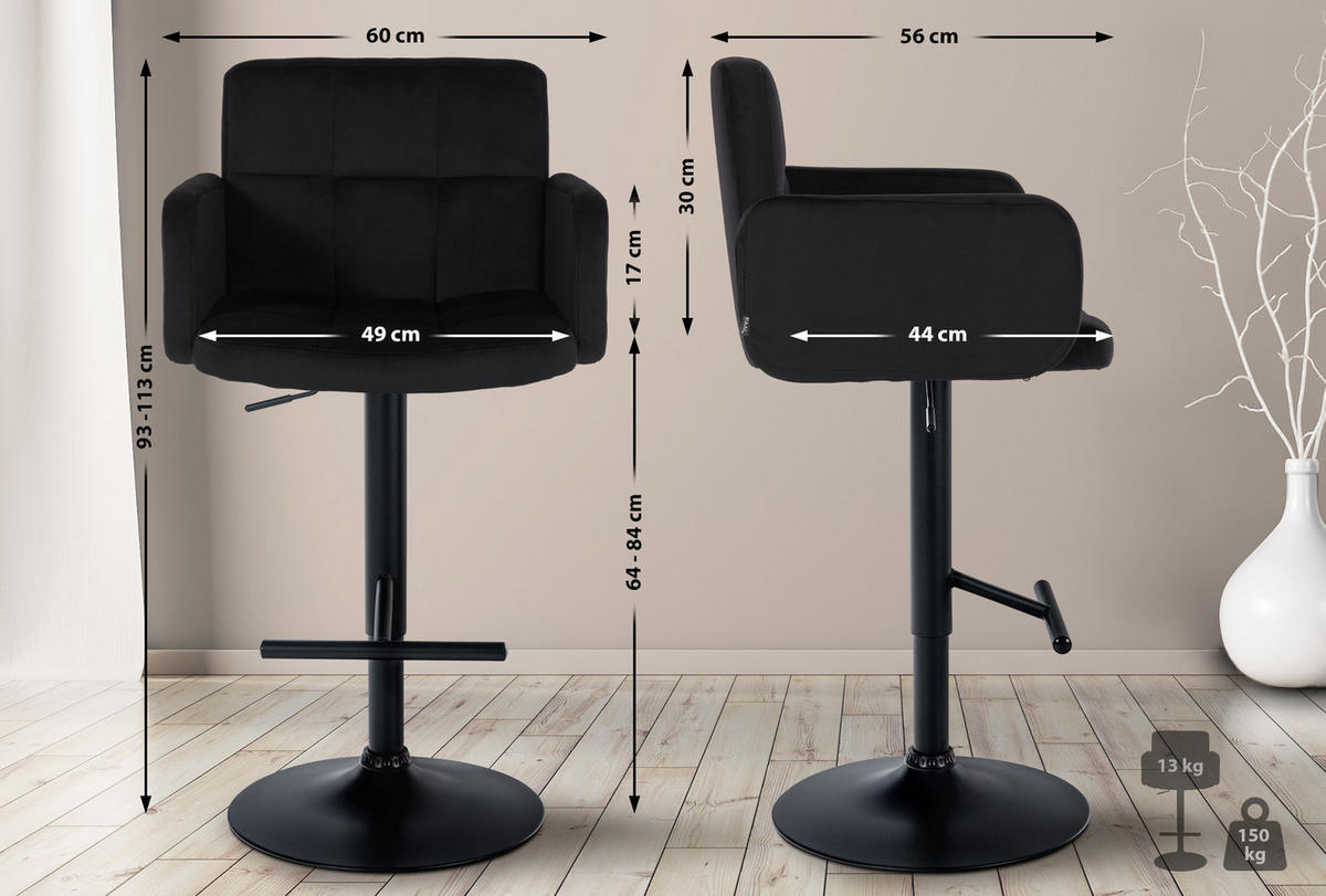 BARHOCKER Lausanne Samt schwarz schwarz - Schwarz, Textil/Metall (60/113/56cm) - TPFLiving