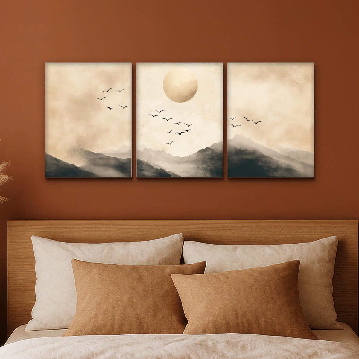 LEINWANDBILD 3er Set Landschaft - Japandi - Beige - Vögel 90x40 cm - Beige, Textil (90/40cm) - MuchoWow