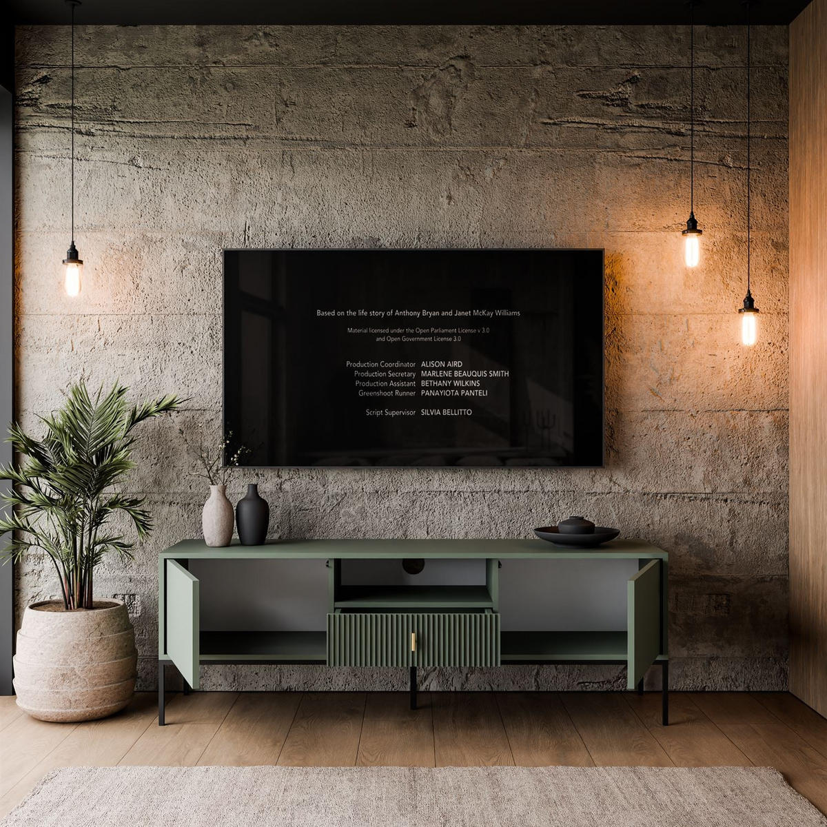 TV-ELEMENT MIDNIGHT mit Schubladen auf Gestell grün - Schwarz/Grün, Holzwerkstoff (154.5/52.5/39cm) - Lookway