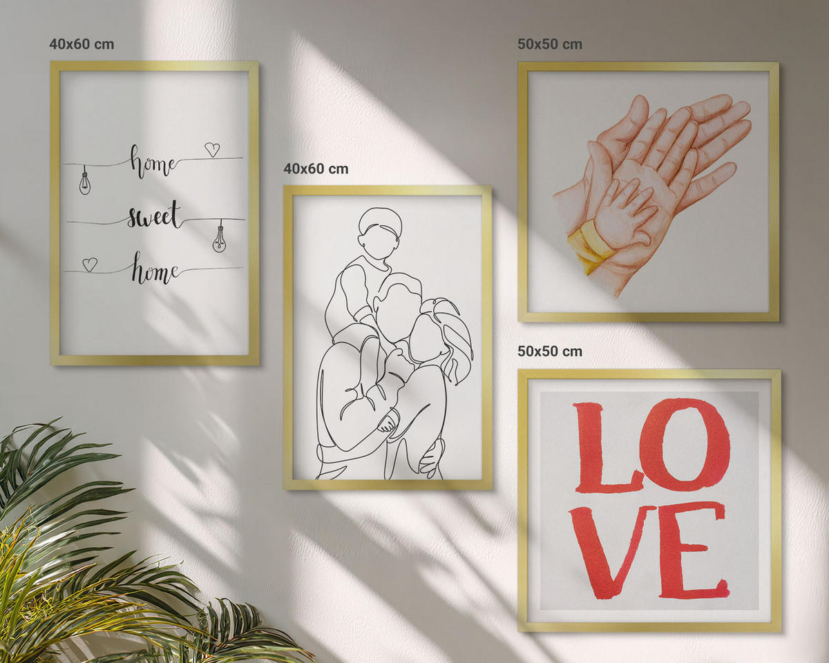 WANDBILDER 4er Set - 50x50 cm & 40x60 cm Goldrahmen - Familienillustrationen Hausschilder - Goldfarben, Kunststoff (50/50cm) - ArtPrintCave