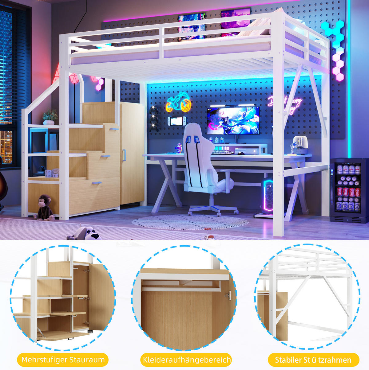 HOCHBETT 140/200 cm Weiß mit LED und Kleiderschrank - Weiß, Metall (140/200cm) - MIVRAY