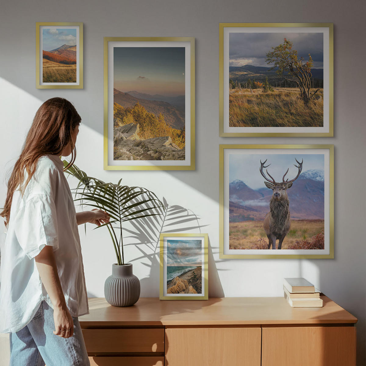 WANDBILDER 5er Set - 50x50 cm & 20x30 cm & 40x60 cm Goldrahmen - Berglandschaften, Hirschgras - Goldfarben, Kunststoff (40/60cm) - ArtPrintCave