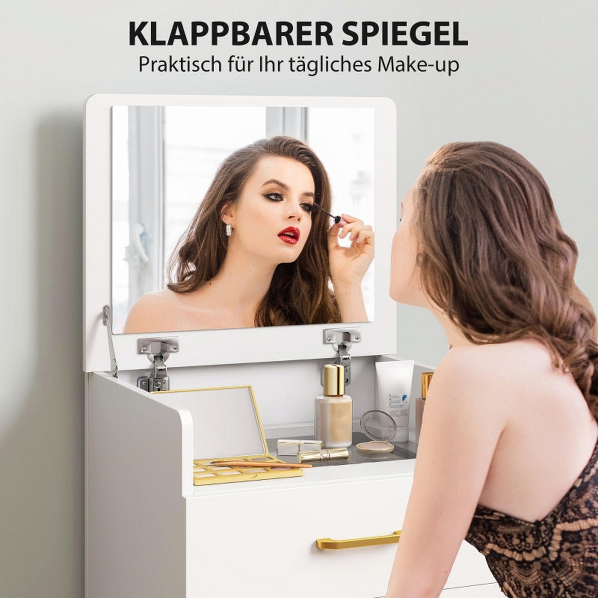 SCHMINKTISCH 48/40/90 cm 3-in-1 Weiß mit Spiegel und Rollhocker mit Stauraum - Weiß, Holzwerkstoff (40/90/48cm) - OKWISH