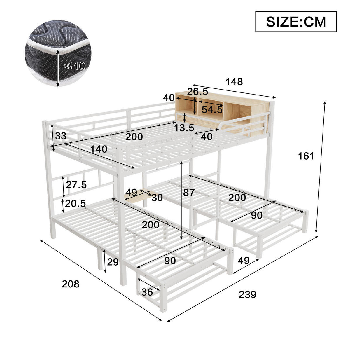ETAGENBETT aus Metall und Holz 140x200/90x200 cm Weiß/Natur mit offenem Regal und Schuhablage - Weiß, Metall (140/200cm) - Modfu