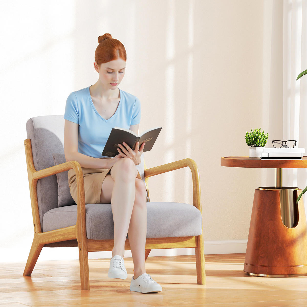 SESSEL Loungesessel mit Armlehne, Lendenkissen, S-Feder für Schlafzimmer, Grau - Naturfarben/Grau, Holz/Textil (61/76/78cm) - HOMCOM