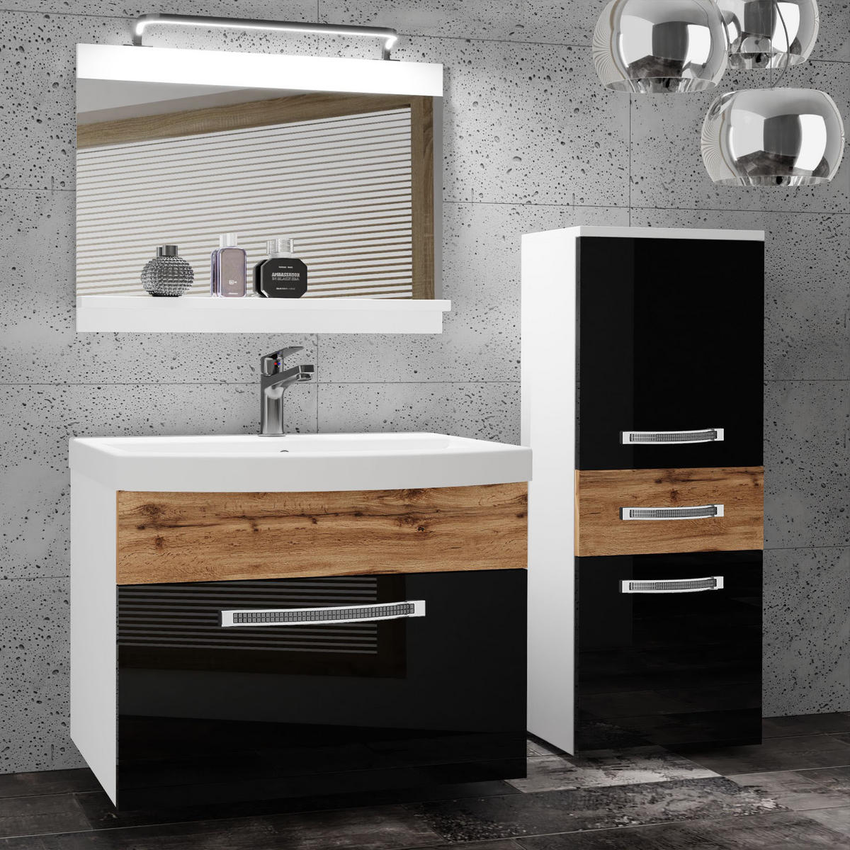 BADMÖBEL Badezimmer Schwarz / Wotan Eiche, Glänzend und Matt - Eiche Wotan/Schwarz, Holz (100/81/40cm) - B BELINI GROUP