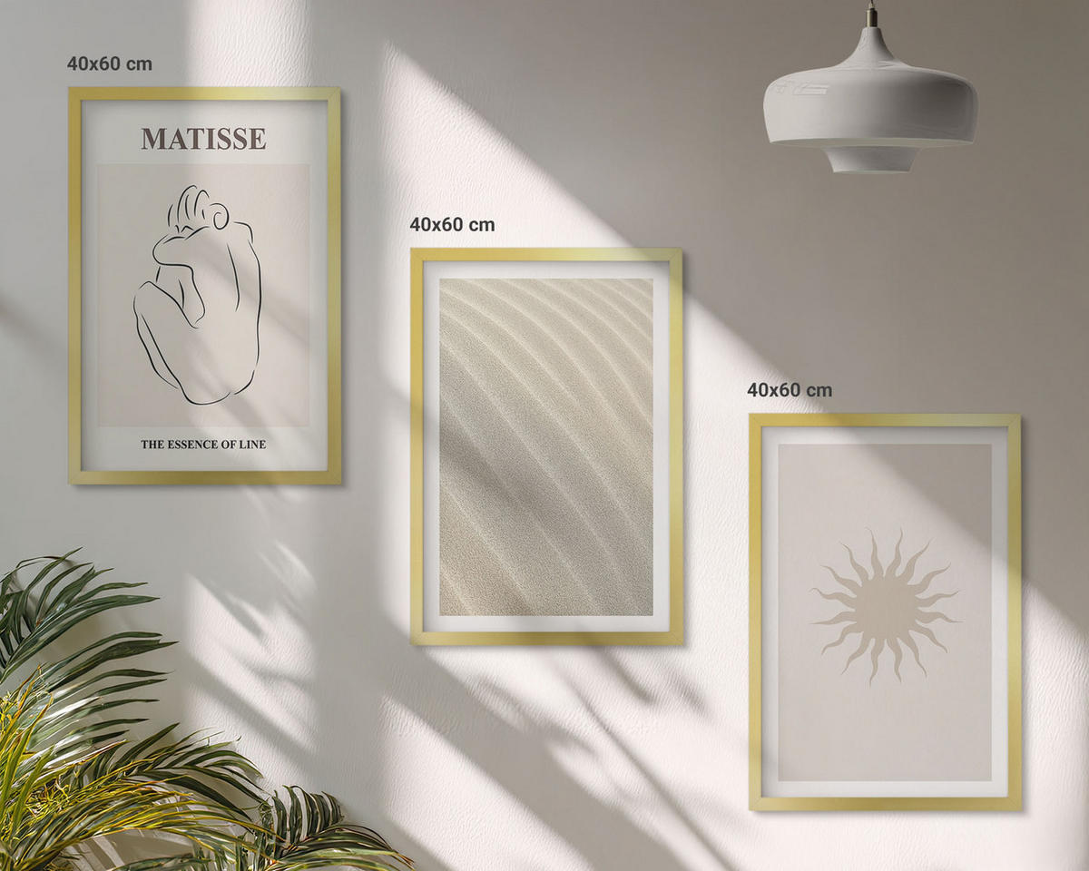 WANDBILDER 3er Set - 40x60 cm Goldrahmen - Minimalistische Sandlinien Sonne - Goldfarben, Kunststoff (40/60cm) - ArtPrintCave
