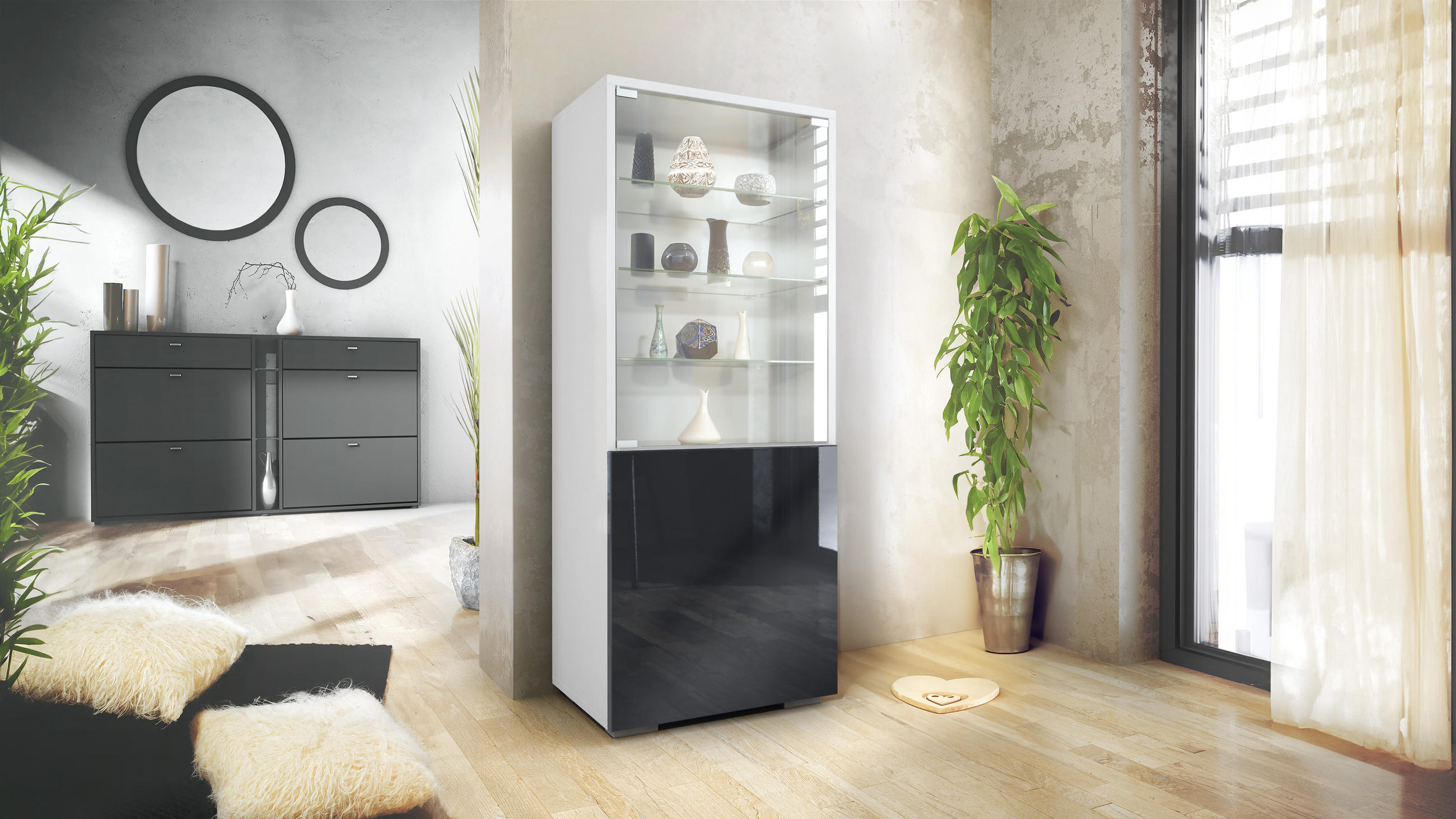 VITRINE Granada Schwarz Hochglanz - Schwarz Hochglanz, Holzwerkstoff (50/122.5/34.5cm) - Vladon