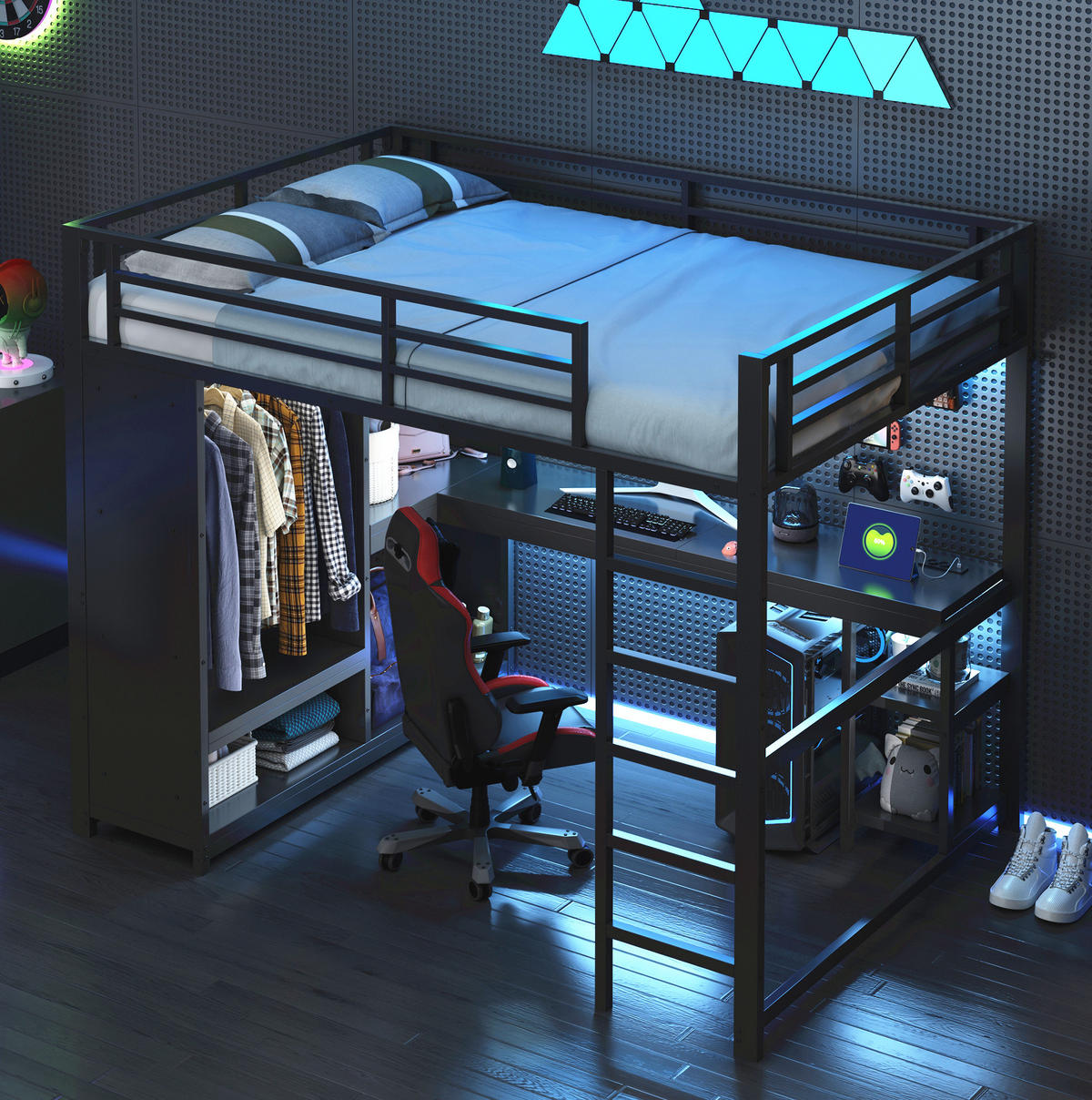 HOCHBETT aus Metall 140x200 cm Schwarz mit LED, Schreibtisch, offenem Kleiderschrank und Ablagefächern - Schwarz, Metall (90/200cm) - Modfu