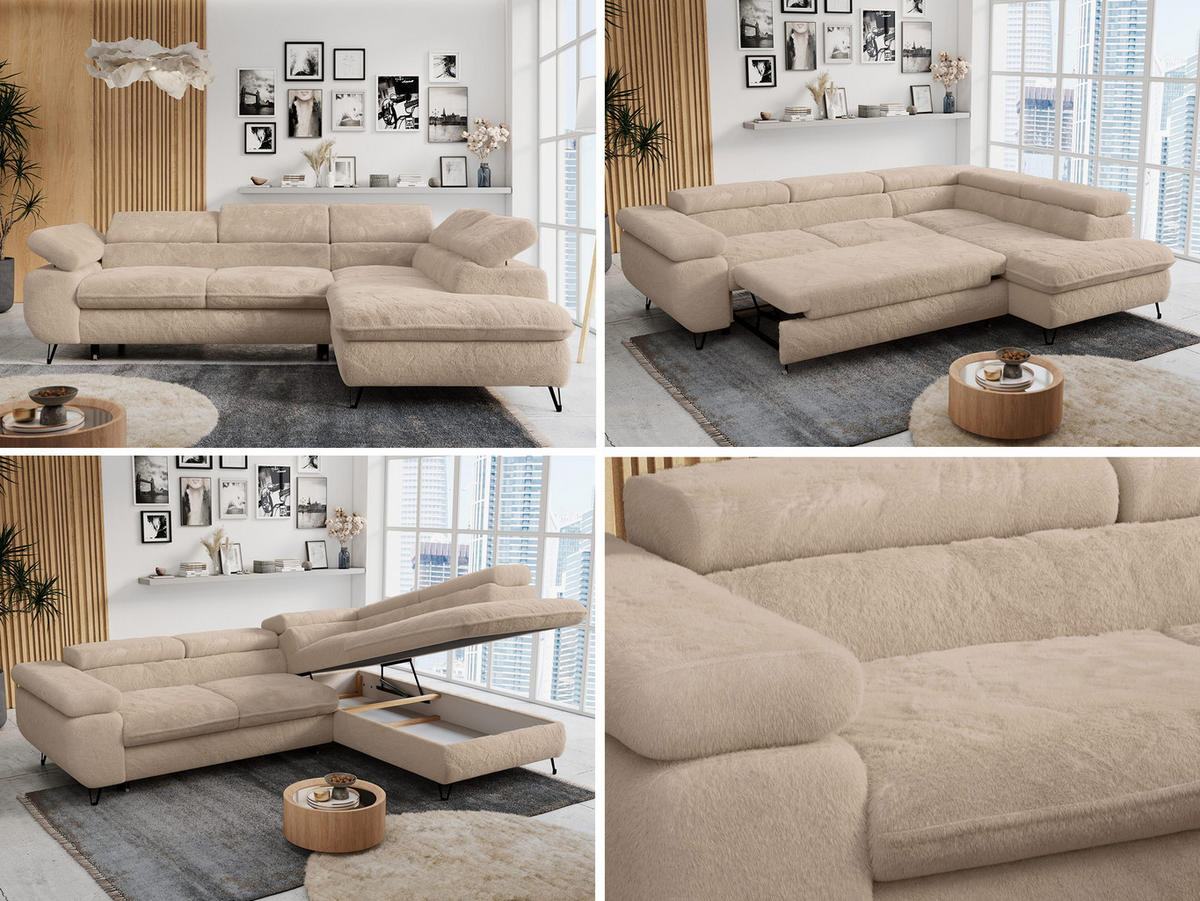ECKSOFA PETER L Beige Plüsch - Rechts Seite - Beige/Schwarz, Textil/Metall (273/208cm) - MKS