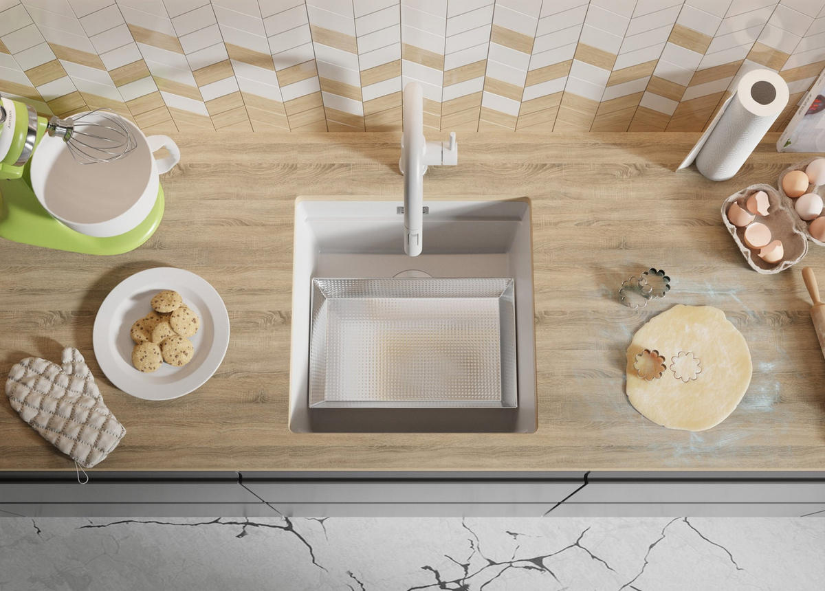 UNTERBAUSPÜLE GRANIT Praga, 2-er set Weiß 46/47 cm 1 Becken + Ablauf-Set + Aufrollbare Abtropffläche ab 50er Unterschrank - Chromfarben/Weiß, Kunststoff (46/20/47cm) - Primagran