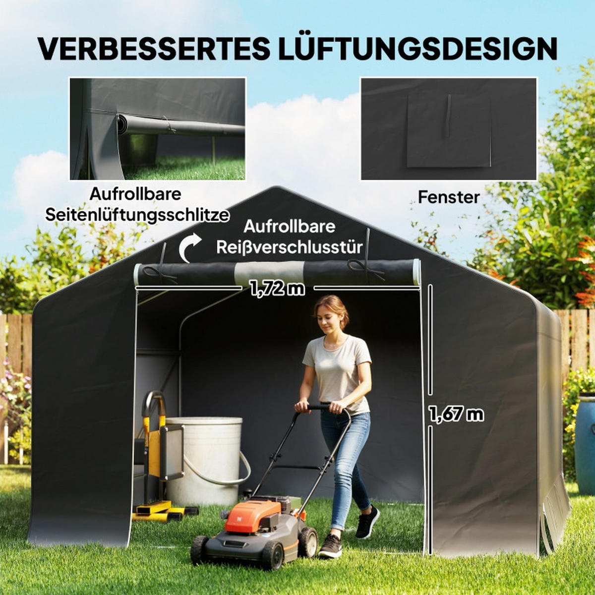 GERÄTESCHUPPEN tragbar Rolltor Metallrahmen grau - Dunkelgrau, Kunststoff (300/210/300cm) - LEBENLANG