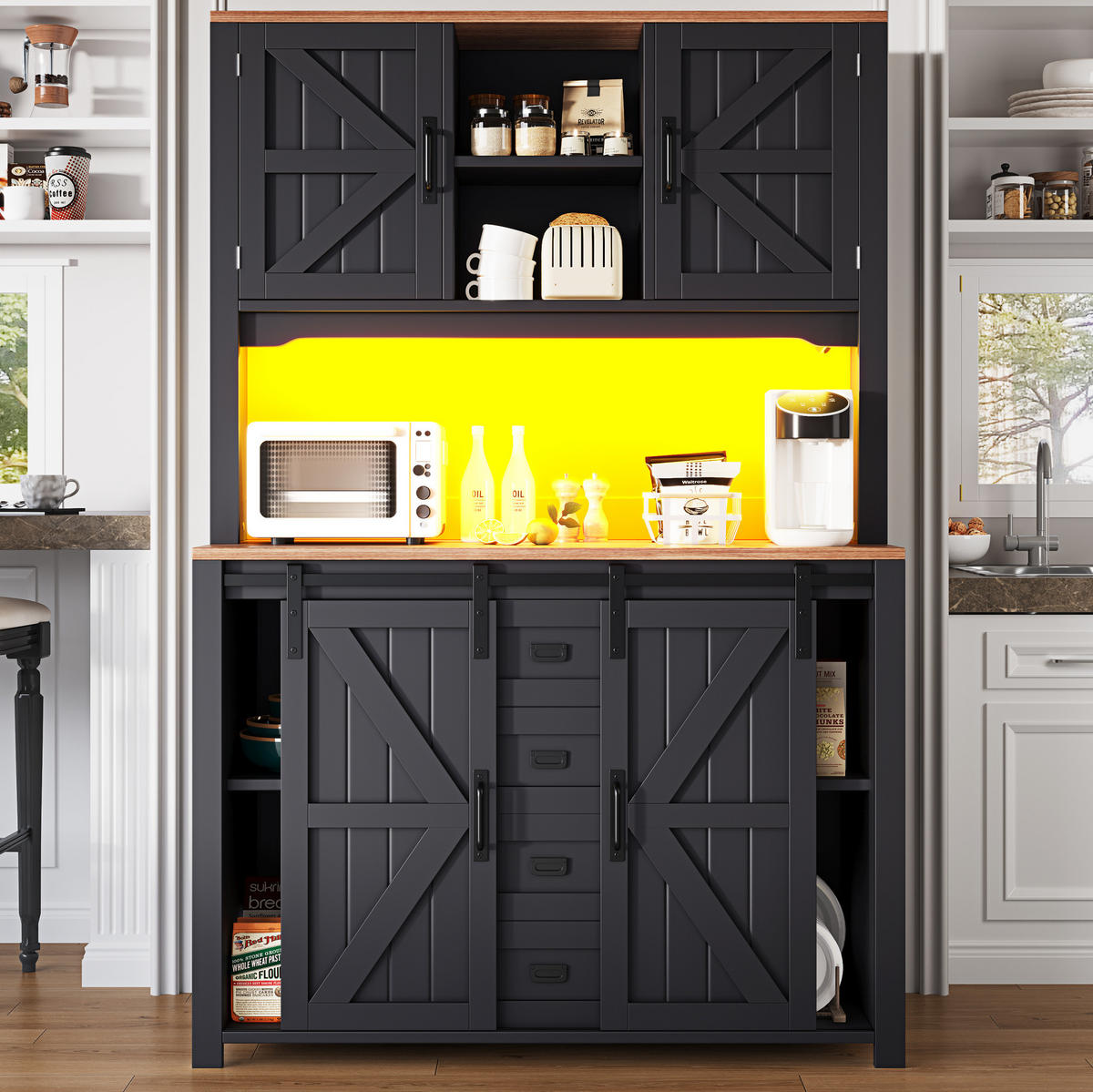 KUCHYŇSKÁ skříňka z MDF a kovu 115x40x174,7 cm černá s posuvnými dvířky, zásuvkami a LED osvětlením - černá, kompozitní dřevo (115/174.7/40cm) - Modfu