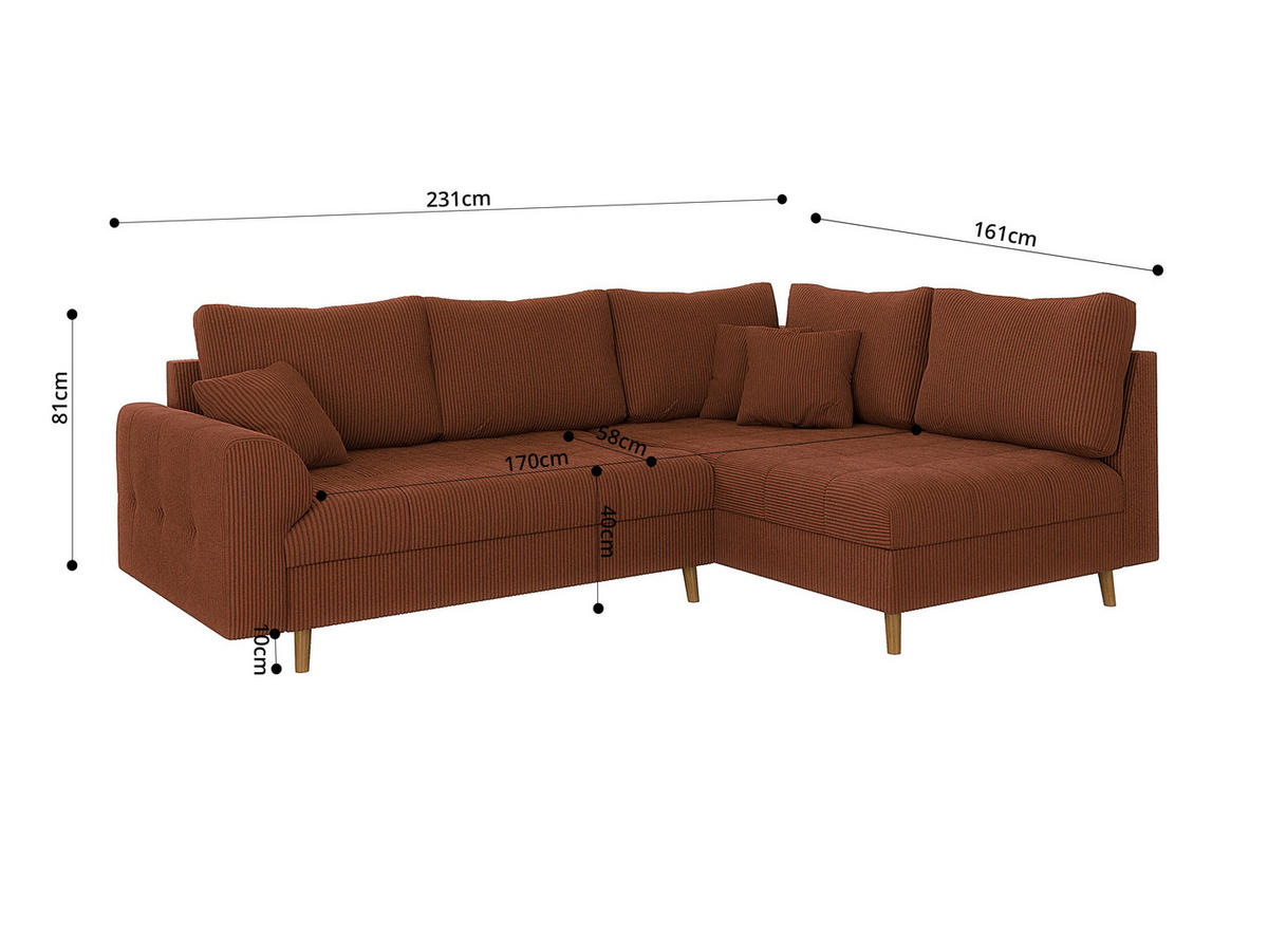 ECKSOFA inkl. Hocker Alma Terrakotta Cord - Ottomane rechts - Terracotta/Braun, Holz/Textil (231/161cm) - S-Style Möbel