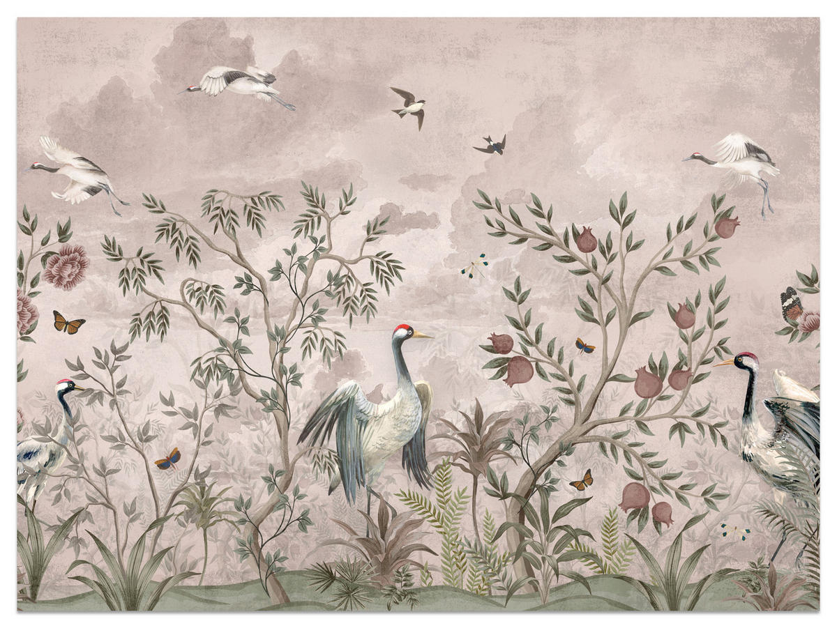 FOTOTAPETE für Schlafzimmer Kraniche Bäume Tropische Blumen Büsche 500x350 - Beige/Rot, Papier (500/350cm) - Muralo