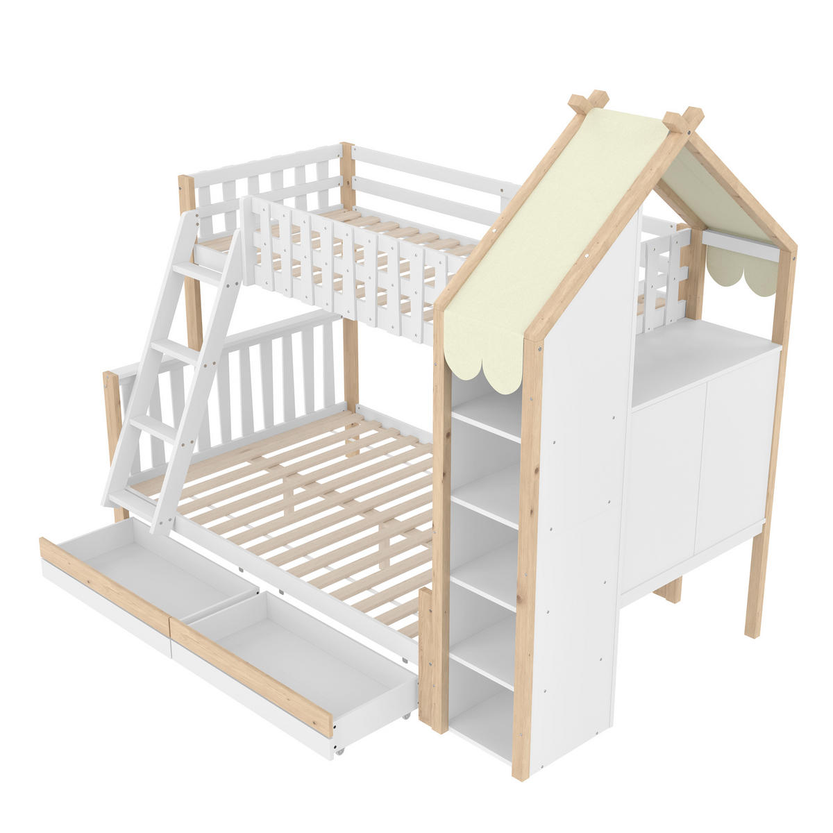 ETAGENBETT 90x200cm + 140x200cm Weiß + Natur 2 Schubladen Hausleiste - Multicolor, Holz (140/200cm) - FLIEKS