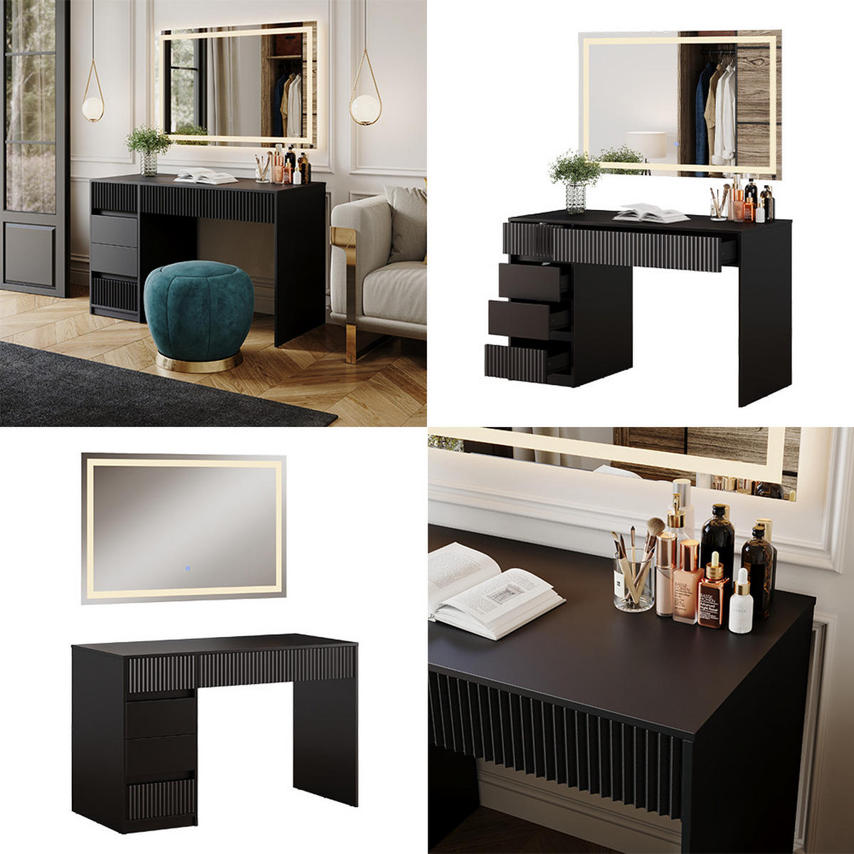 SCHMINKTISCH Omira Schwarz 120 cm mit LED-Spiegel - Schwarz, Holzwerkstoff (120/76/55cm) - Vicco