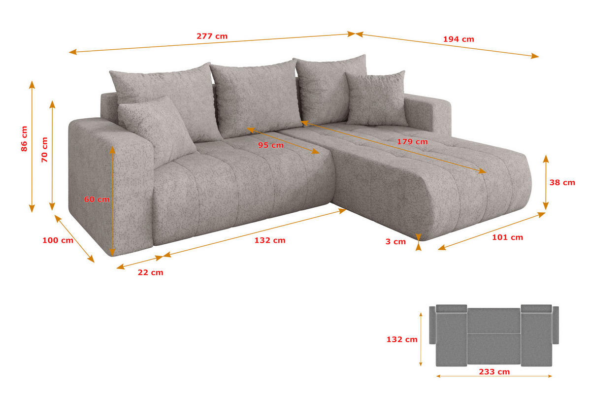 ROHOVÁ SEDAČKA s funkcí spaní, otoman vpravo MILA-L 277x194x86 světle šedá velur - černá/světle šedá, kompozitní dřevo/textil (277/194cm) - ALTDECOR