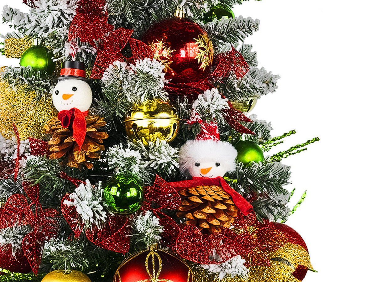 WEIHNACHTSBAUM künstlicher 60 cm mit LED-Beleuchtung, SCHNEEMANN, mit 31 Weihnachtsbaumschmuck, Pflanztopf mit Jutesack - Rot/Goldfarben, Kunststoff/Stein (40/60cm) - LAALU