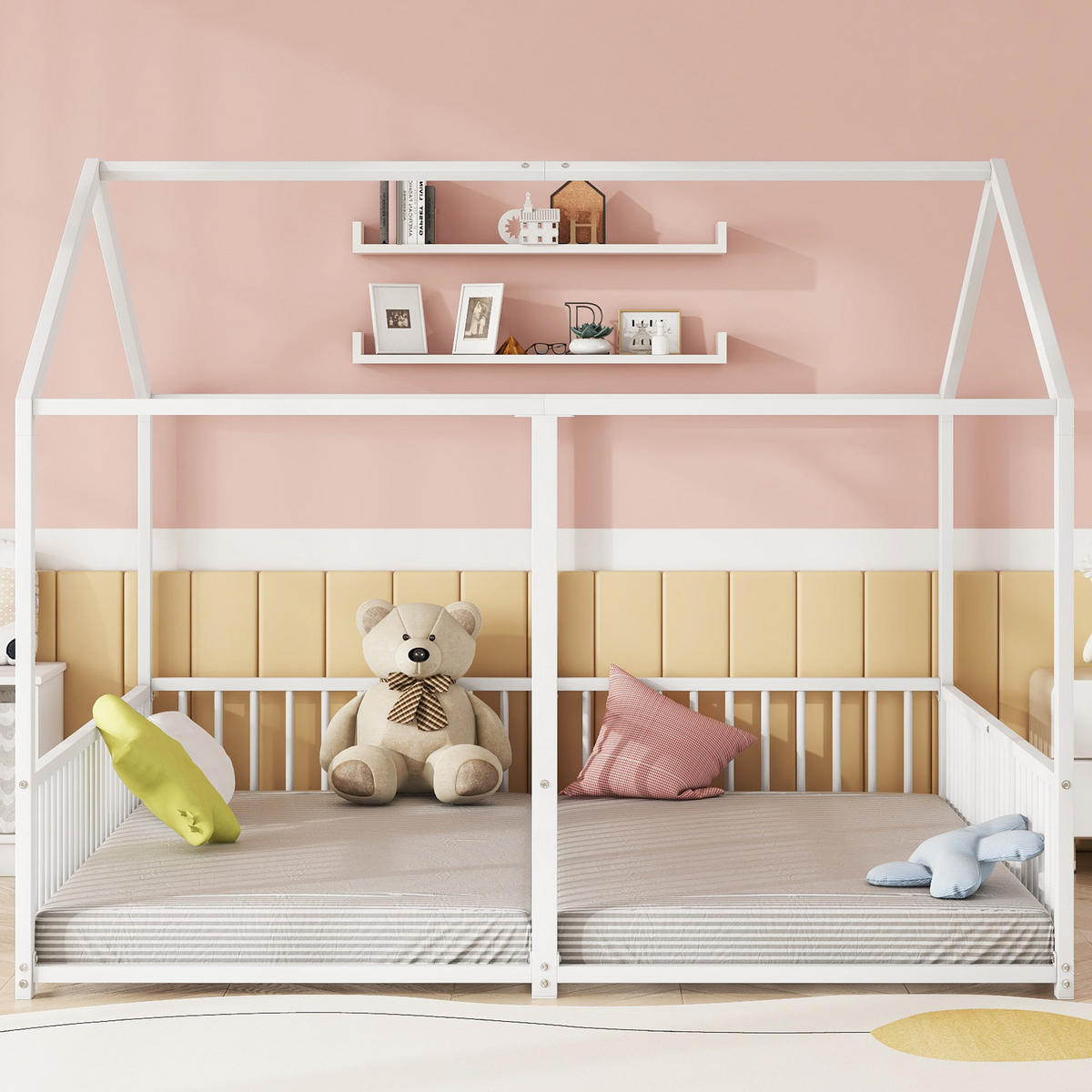 HAUSBETT aus Metall 90x200 cm Weiß mit Leiter, Geländer und Hausform - Weiß, Metall (90/200cm) - Modfu
