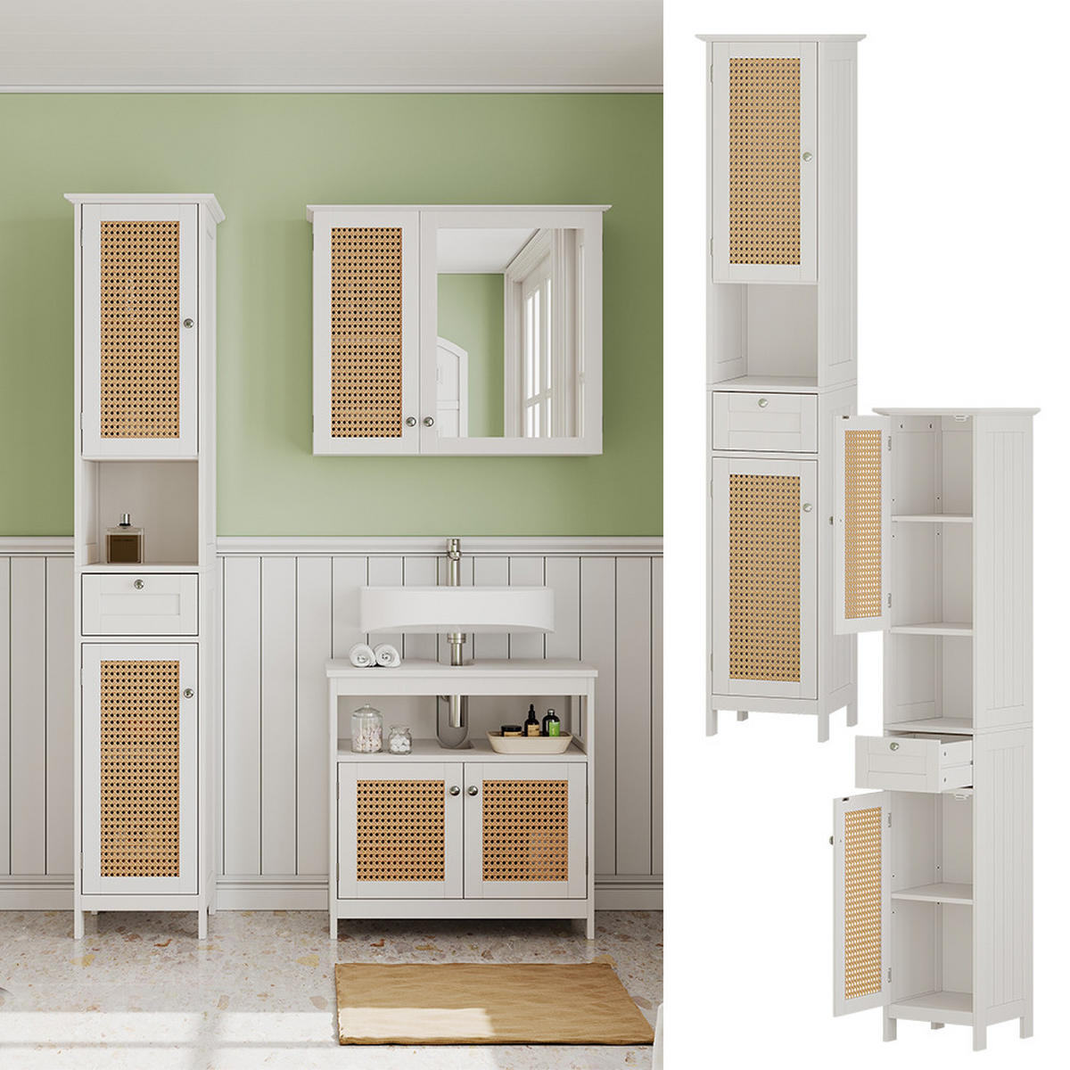 BADSCHRANK Rosario Weiß 32 x 170 cm mit 2 Türen und Schublade - Weiß, Holzwerkstoff (32/170/30cm) - Vicco