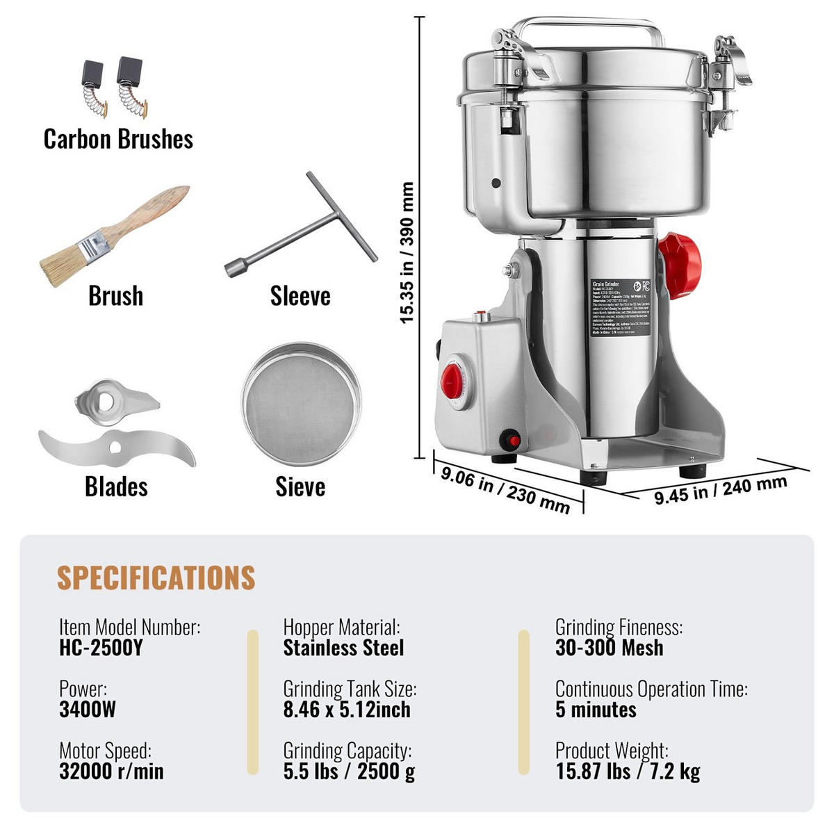 FLEISCHWOLF Elektrische Getreidemühle 2000g, 3400W, Edelstahl - Silberfarben, Metall (27/28.01/42.01cm) - Rolipo