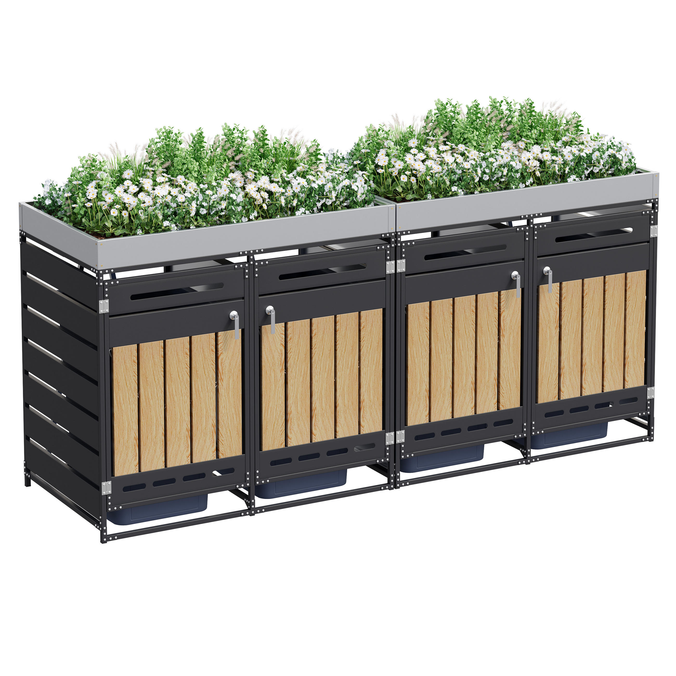 MÜLLTONNENBOX 4er Pflanzdach Holzoptik abschließbar Belüftung - Schwarz, Metall (79/120/262cm) - FLIEKS