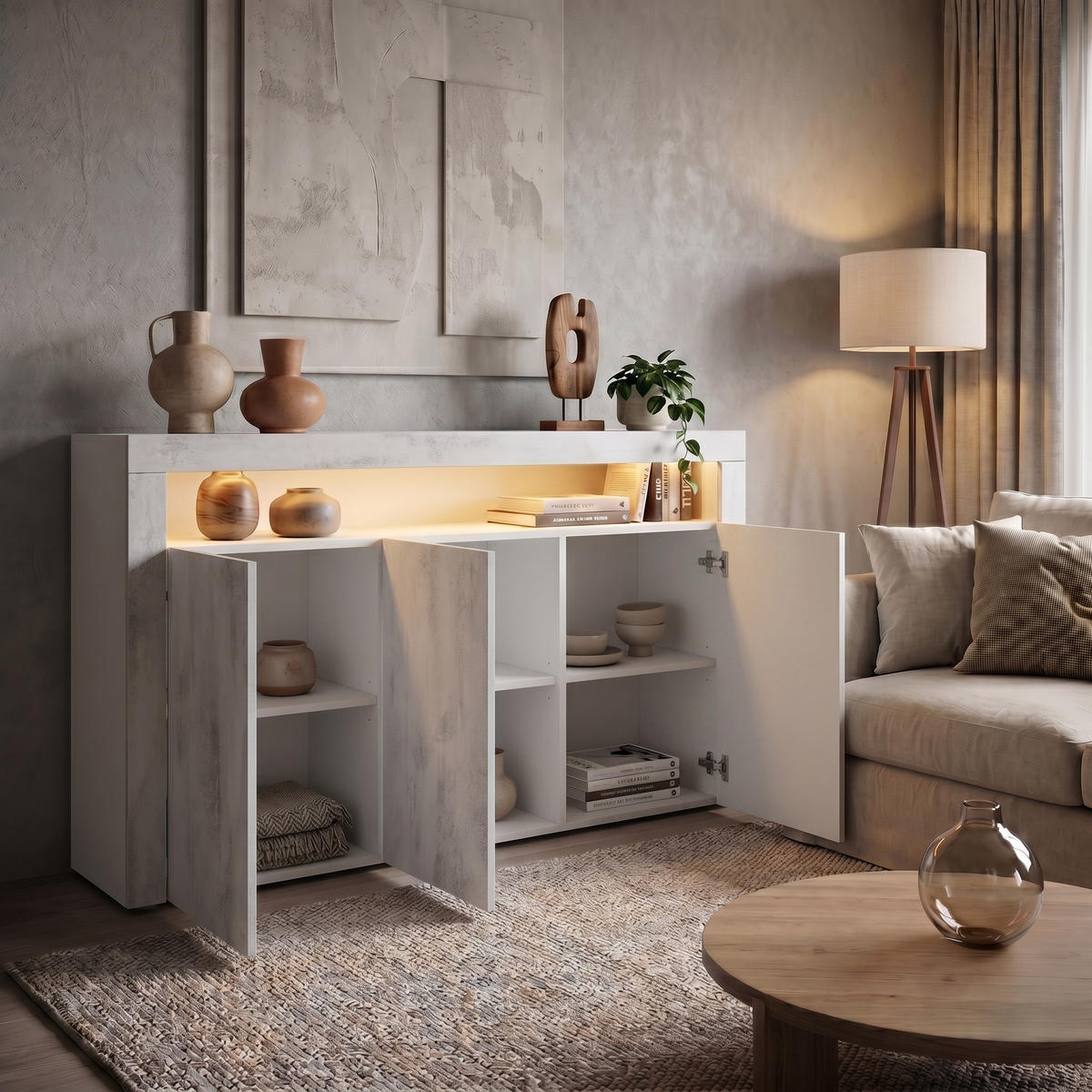 SIDEBOARD Valencia Beton Oxid Optik/ Beton Oxid Optik - Hellgrau, Holzwerkstoff (155/92/40cm) - Vladon