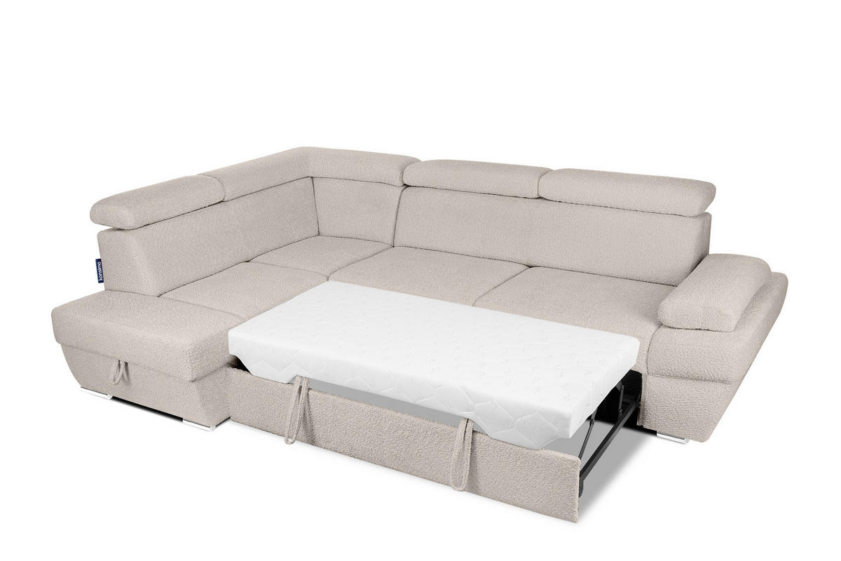 SCHLAFECKSOFA RATLO links 4/5-Sitzer mit Bettkasten, Ecru - Ecru/Silberfarben, Textil (270/190cm) - KONSIMO®