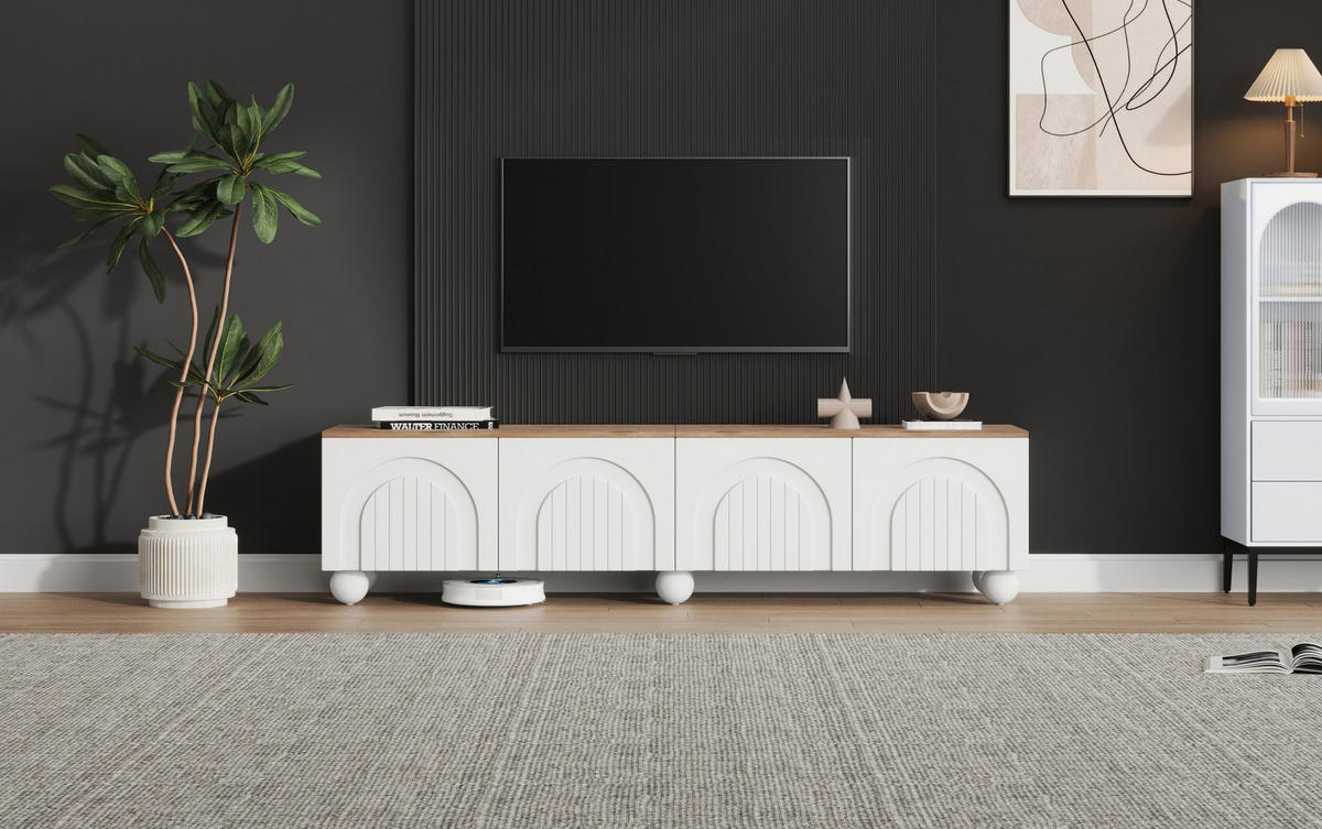 TV stolek 180/40/45 cm s úložným prostorem, 4 dvířky a 6 kovovými nohami, Bílá a dub - bílá, kompozitní dřevo (180/45/40cm) - Redom