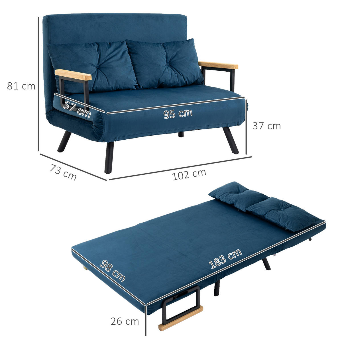 SCHLAFSOFA, Zweisitzer mit Bettfunktion, Schlafcouch mit Samtoptik, Rückenkissen - Blau/Schwarz, Holz/Textil (73/81/102cm) - HOMCOM