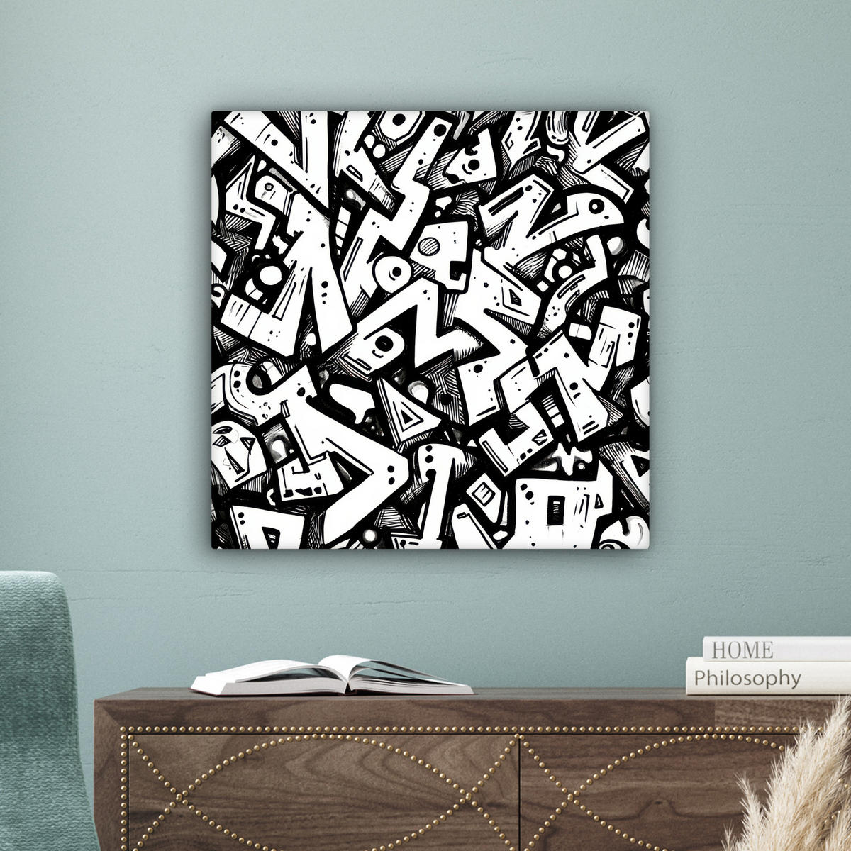 LEINWANDBILD Formen - Buchstaben - Graffiti - Schwarz Wandbild Wohnzimmer 50x50 cm - Schwarz, Textil (50/50cm) - MuchoWow